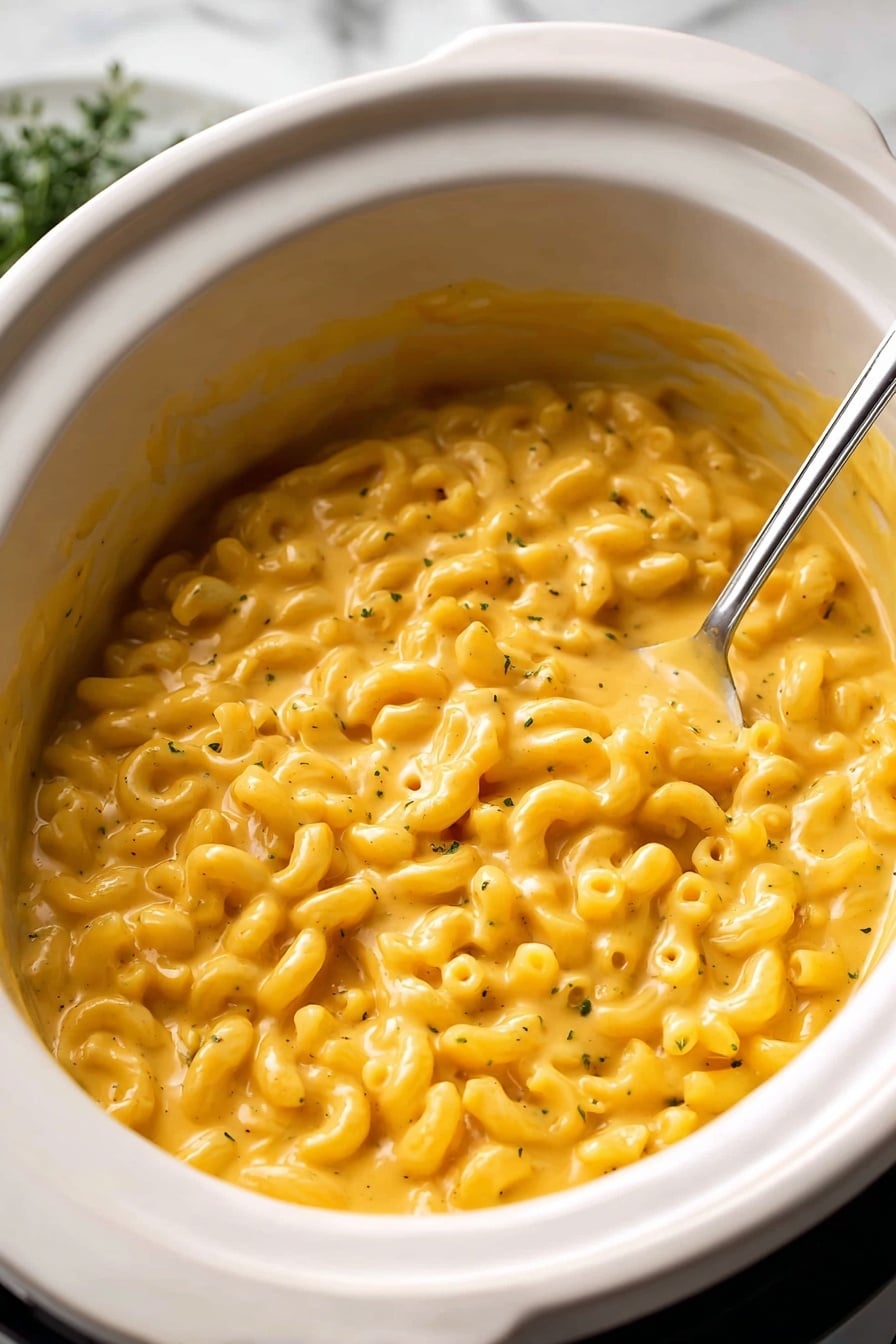 Crock Pot Mac and Cheese, easy slow cooker mac and cheese, creamy crock pot pasta, cheesy slow cooker dinner, comforting mac and cheese recipe - The image shows a white slow cooker filled with creamy macaroni and cheese. The dish has one layer of curved elbow pasta coated in a smooth, bright orange-yellow cheese sauce that looks thick and velvety. A silver spoon is partially submerged among the pasta, resting near the edge of the slow cooker. The background has a white marbled texture with some green herbs blurred in the upper corner. photo taken with an iphone --ar 2:3 --v 7