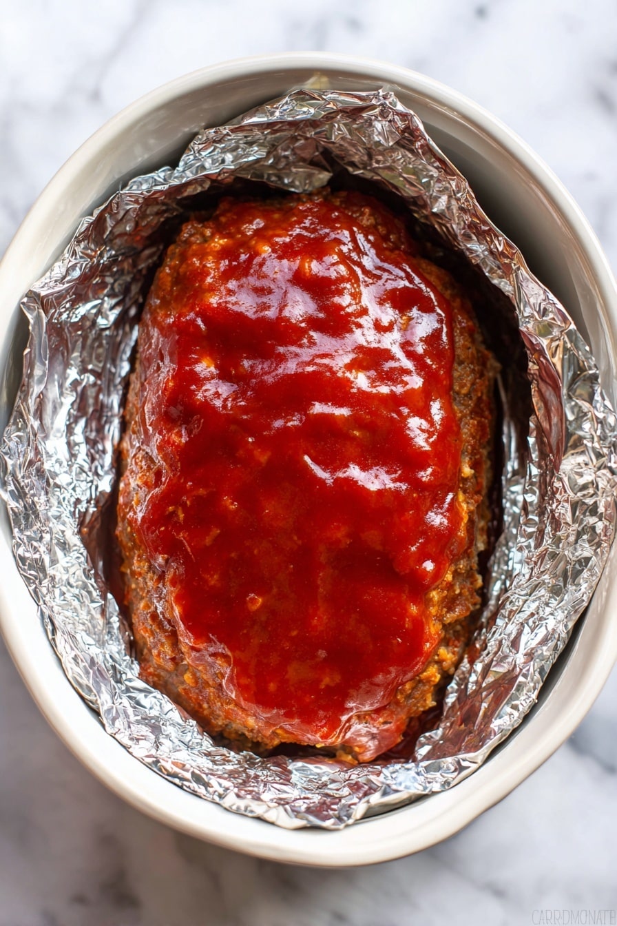 Crockpot Meatloaf with Parmesan and Sweet Ketchup Glaze, easy crockpot meatloaf recipe, tender meatloaf in slow cooker, Parmesan meatloaf dinner, flavorful crockpot recipes - A shiny, thick layer of bright reddish-brown sauce covers a large oval-shaped meatloaf placed inside a white slow cooker lined with silver aluminum foil on the sides; the meatloaf has a slightly rough, uneven texture visible beneath the smooth sauce, and the foil peeks out from underneath the edges. The scene is set on a white marbled surface. photo taken with an iphone --ar 2:3 --v 7