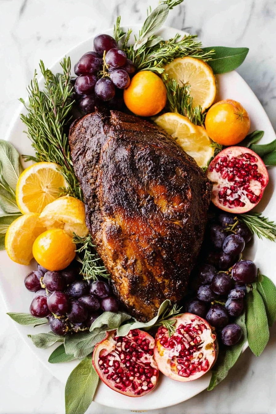 Perfect Smoked Turkey Breast, smoked turkey breast seasoning, smoky turkey breast recipe, juicy smoked turkey, easy smoked turkey breast - A white rectangular plate holds several slices of browned roasted turkey with crispy skin on top and tender white meat underneath, arranged in a slightly overlapping way. Around the turkey are thin orange slices and fresh green herbs like rosemary and sage. A pomegranate half with deep red seeds and a quarter piece rest on the plate, adding bright red and pink colors. Scattered small dark and red berries fill spaces between the turkey and fruit. The plate sits on a white marbled surface. Photo taken with an iphone --ar 2:3 --v 7