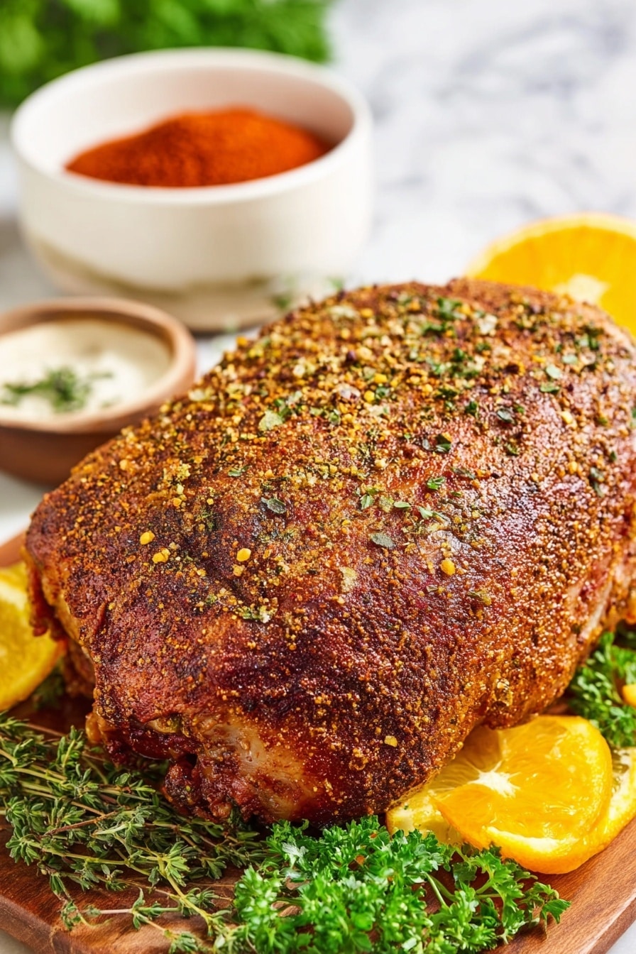 Cajun Butter Smoked Turkey Breast, smoked turkey breast recipe, Cajun turkey marinade, smoky turkey breast, how to smoke turkey breast - A large piece of cooked meat with a brown, seasoned crust sits in the center on a wooden board, sprinkled with small green herb bits. Around the meat are fresh green herbs and bright orange slices, adding color and freshness. In the background, there is a white bowl filled with bright red spice. The surface is a white marbled texture under soft natural light. Photo taken with an iphone --ar 2:3 --v 7