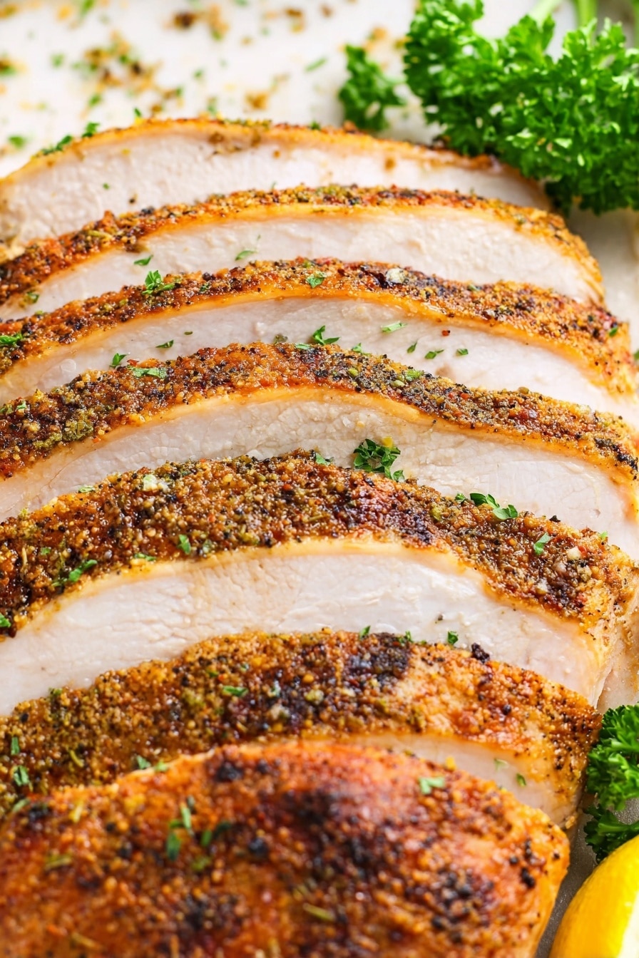 Cajun Butter Smoked Turkey Breast, smoked turkey breast recipe, Cajun turkey marinade, smoky turkey breast, how to smoke turkey breast - The image shows a sliced cooked turkey with eight visible thick slices arranged neatly side by side. Each slice has a light golden brown crispy skin with visible black pepper and herb seasonings on top, and the meat inside is white and moist. Behind the turkey slices, there is a white marbled surface with a sprinkle of green herbs and a small bunch of fresh green parsley for garnish. On the far right edge, a small part of a lemon slice is visible. Photo taken with an iphone --ar 2:3 --v 7