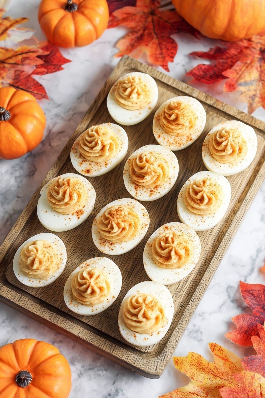 Pumpkin Devilled Eggs, Fall Devilled Eggs, Seasonal Appetizer, Easy Pumpkin Snack, Holiday Egg Hors d'oeuvre - Nine deviled egg halves are placed in a 3 by 3 pattern on a light wooden cutting board. Each half has a smooth, white egg white base topped with a neatly swirled, light brown creamy filling, sprinkled lightly with a dusting of paprika. The board rests on a white marbled surface and has a white and orange striped cloth partially visible at the bottom corner. Photo taken with an iphone --ar 2:3 --v 7