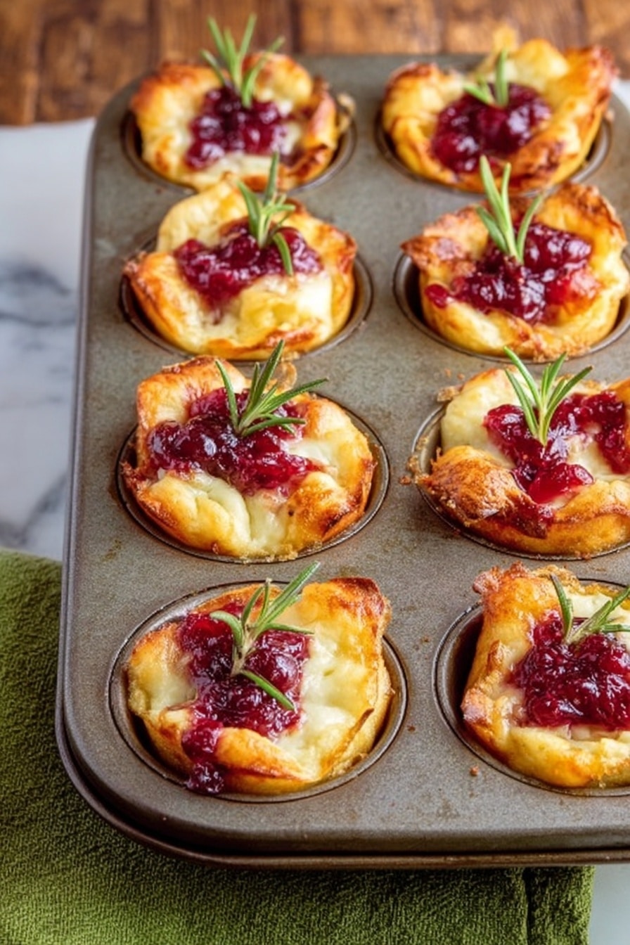 Cranberry Brie Bites, Cranberry Brie Appetizer, Easy Cranberry Brie Bites, Holiday Cranberry Brie Bites, Party Cranberry Brie Snacks - The image shows a metal muffin tray filled with 15 small baked cups. Each cup has a golden brown crust forming the base and sides, with melted white cheese inside. On top of the cheese, there is a bright red cranberry sauce dollop, giving a shiny and chunky look. Small green rosemary sprigs poke out from some of the cups, adding extra texture and color. The tray sits on a white marbled surface with a wooden texture barely visible on one side and a bit of green cloth underneath. photo taken with an iphone --ar 2:3 --v 7
