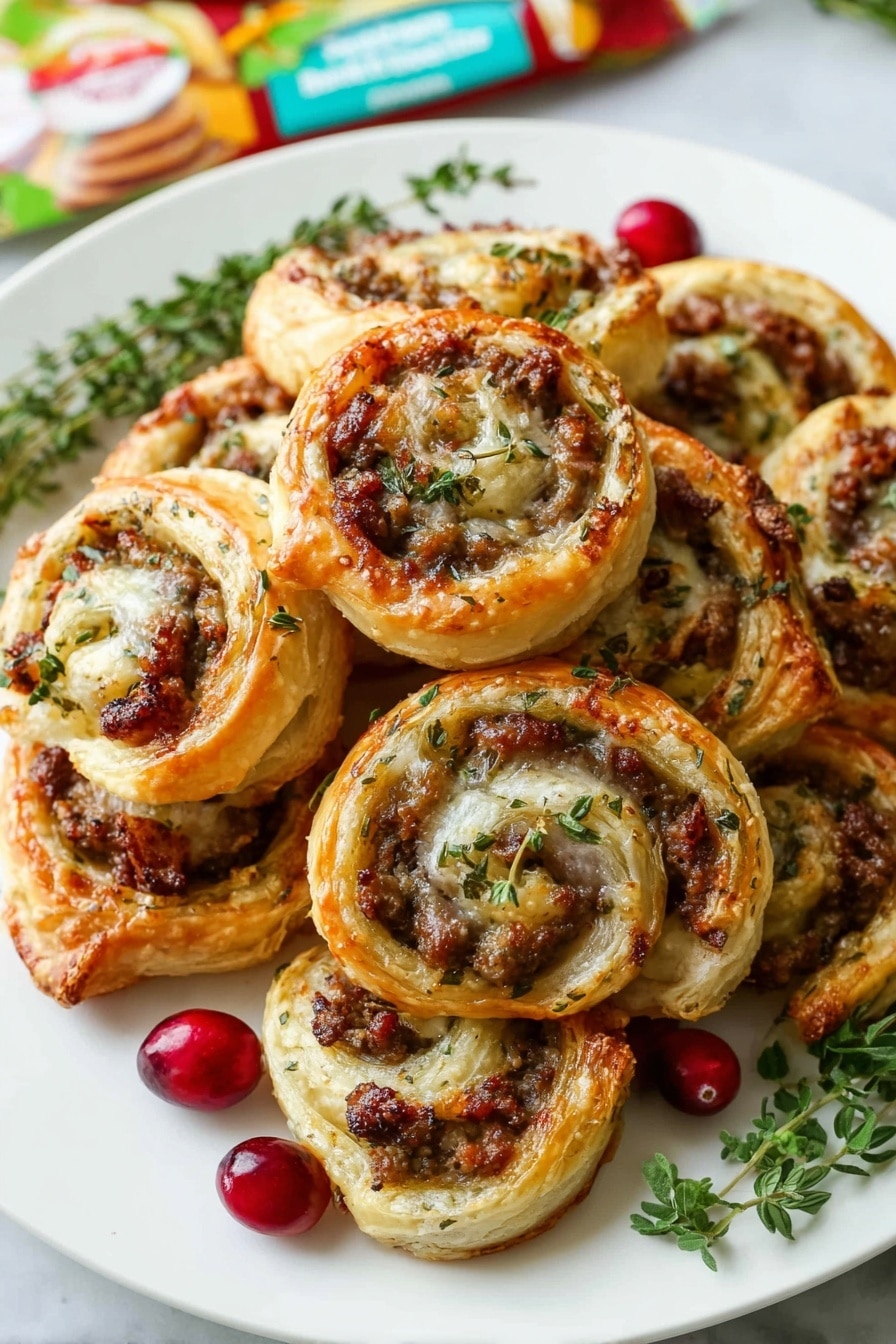 Sausage Cranberry Brie Bites, festive appetizer ideas, holiday party snacks, savory puff pastry appetizers, easy holiday appetizers - A white plate holds eight round puff pastry pinwheels arranged closely together, each pinwheel showing golden-brown flaky layers with a light shine. Inside the swirls, there are bits of cooked ground meat with small green herbs sprinkled on top, adding green spots on the filling. Fresh green herb leaves lie under the pinwheels in the center for decoration. Bright red cranberries are scattered on the white marbled surface around the plate, adding a pop of color to the scene. photo taken with an iphone --ar 2:3 --v 7
