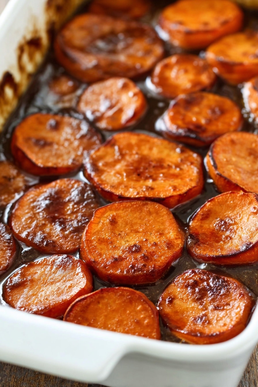 Southern Candied Yams, soul food side dish, sweet potato casserole, holiday yams recipe, easy Southern yam recipe - The image shows a white ceramic baking dish filled with soft cooked sweet potatoes cut into round slices. The sweet potatoes are covered in a glossy dark brown syrupy sauce that pools around them. The slices have a slightly shiny, caramelized surface with some darker roasted spots. The white marbled surface is slightly visible at the edges around the dish. The warm orange and brown colors of the sweet potatoes and syrup stand out clearly. Photo taken with an iphone --ar 2:3 --v 7