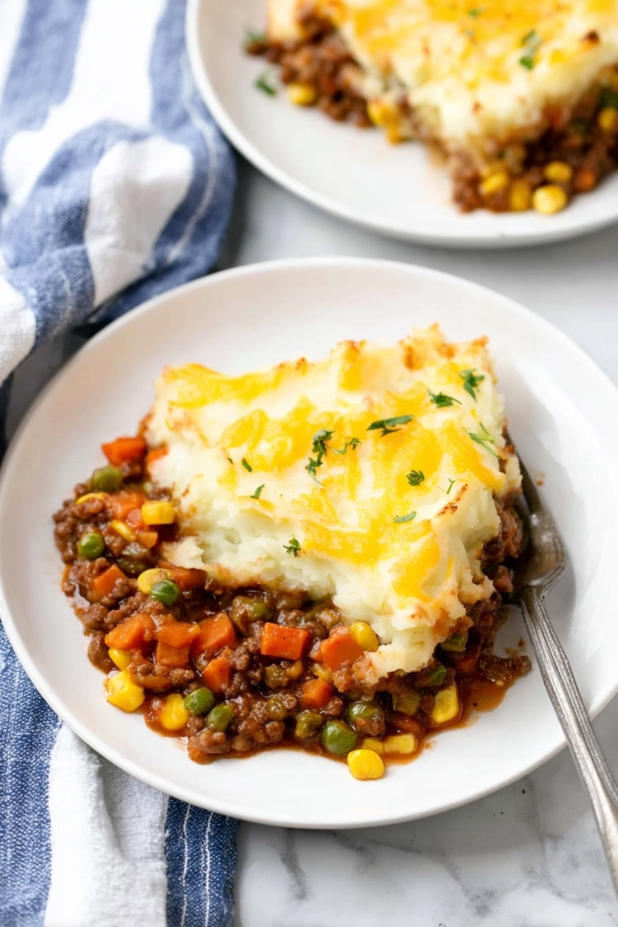 Lentil Shepherd’s Pie with Cheesy Mashed Potatoes, hearty vegetarian shepherd’s pie, vegan shepherd’s pie recipe, comfort food lentil dish, cheesy mashed potato casserole - A white plate holds a serving of shepherd's pie with two main layers. The bottom layer shows a mix of cooked vegetables like peas, diced carrots, corn, and lentils in a thick brown sauce, creating a chunky texture. The top layer is creamy mashed potatoes with a smooth, slightly golden surface, sprinkled with some melted yellow cheese and small green herb bits. A silver fork is partially inserted into the dish, resting on the right side of the plate. In the background, there is another white plate with the same dish and a blue and white striped cloth on a white marbled surface. Photo taken with an iphone --ar 2:3 --v 7