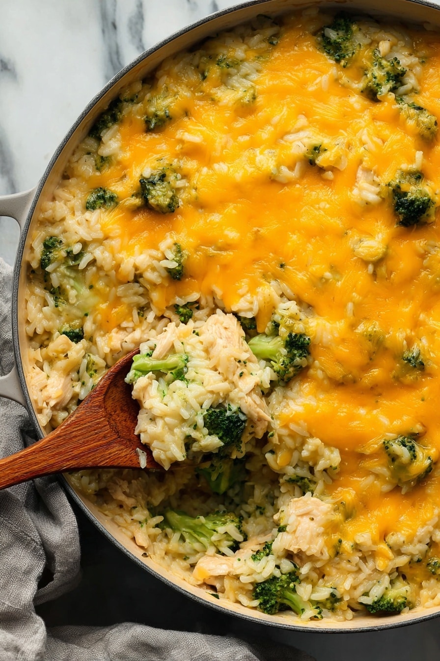 Cheesy Broccoli Rice Vegan Casserole, vegan broccoli rice bake, plant-based cheesy casserole, vegan comfort food recipes, easy vegan healthy dinner - A close-up of a large, round pan filled with a creamy rice and broccoli casserole. The bottom layer shows white rice mixed with small pieces of light-colored chicken and bright green broccoli florets scattered evenly. The top layer is thick and smooth, covered with melted, bright orange cheddar cheese that spreads over the whole surface, slightly uneven but glossy. A wooden spoon lifts out a scoop from the left side, showing the rice, broccoli, and chicken underneath the cheese. The pan sits on a white marbled surface with a soft gray cloth nearby. Photo taken with an iphone --ar 2:3 --v 7
