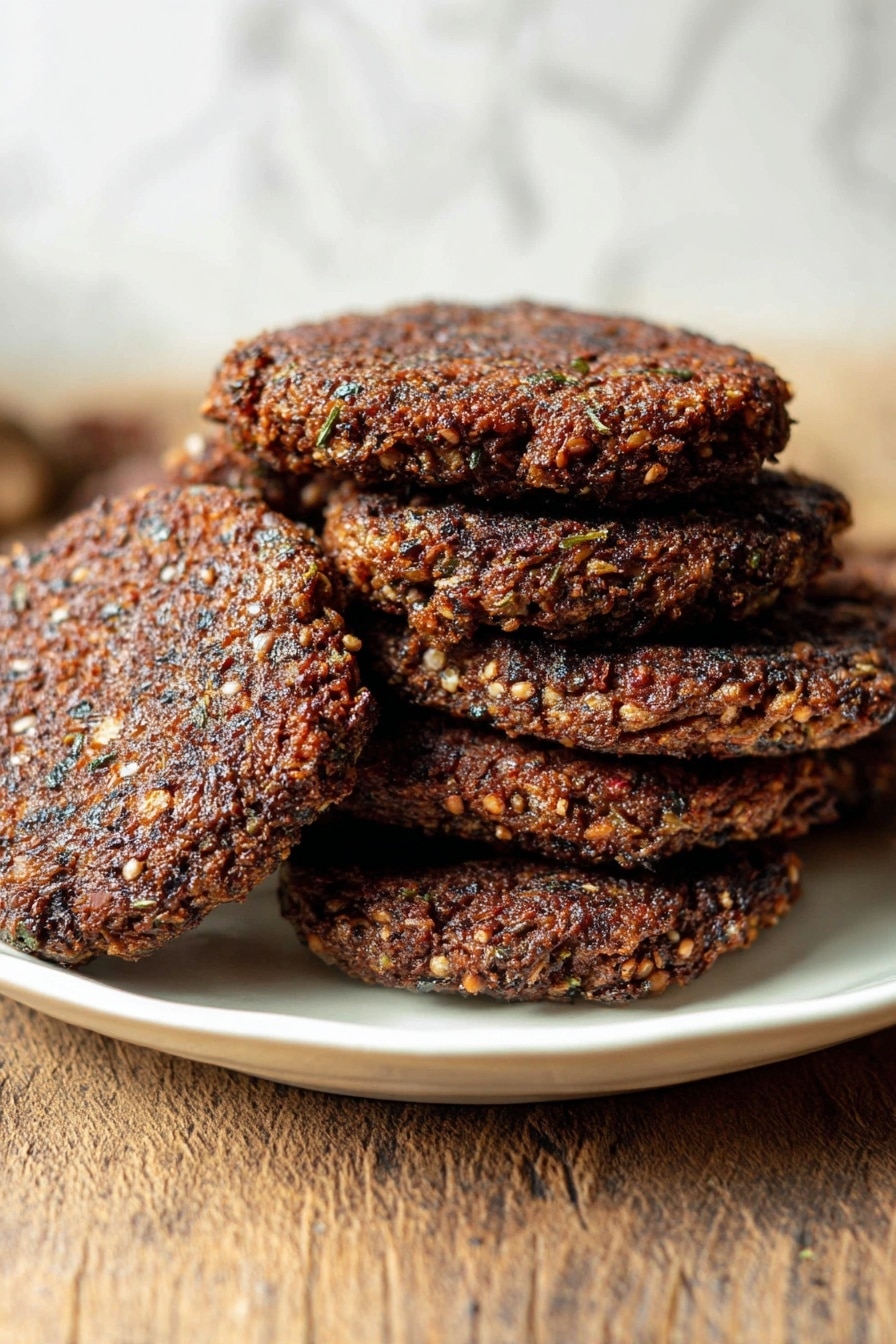Vegan Breakfast Sausage, plant-based sausage patties, vegan breakfast ideas, homemade vegan sausage, meatless breakfast recipes - The image shows a white plate filled with a stack of seven dark brown patties. The patties are crispy and have a rough texture with small bits of herbs and seeds visible on the surface. The patties overlap each other in a casual pile. The plate is placed on a wooden surface with a white marbled texture barely visible in the background. The lighting highlights the crispiness and rich color of the patties, making them look freshly cooked. Photo taken with an iphone --ar 2:3 --v 7