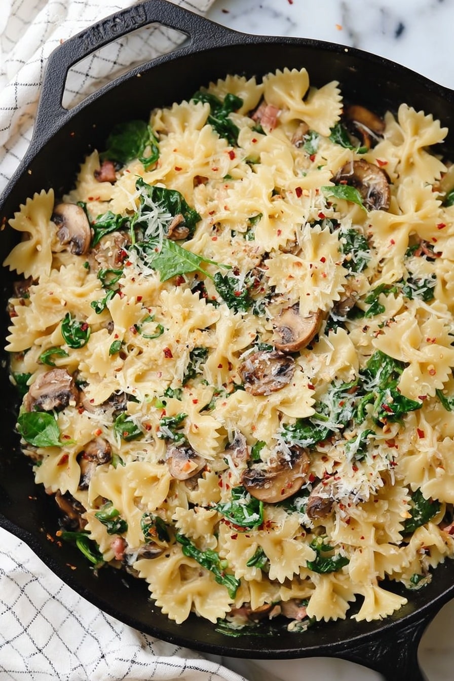 Creamy Vegan Sausage Pasta with Spinach, vegan pasta recipes, plant-based creamy pasta, vegan sausage dinner, easy vegan pasta dishes - This image shows a close-up of a black skillet filled with farfalle pasta mixed with small pieces of light brown cooked meat and green spinach leaves. The pasta is creamy lightly coated, with some grated white cheese sprinkled over the top, and a few tiny red flakes scattered throughout. The pasta shapes look soft, with the meat pieces mixed evenly around, and the spinach adds fresh green touches between the layers of pasta. The skillet sits on a smooth dark surface. photo taken with an iphone --ar 2:3 --v 7