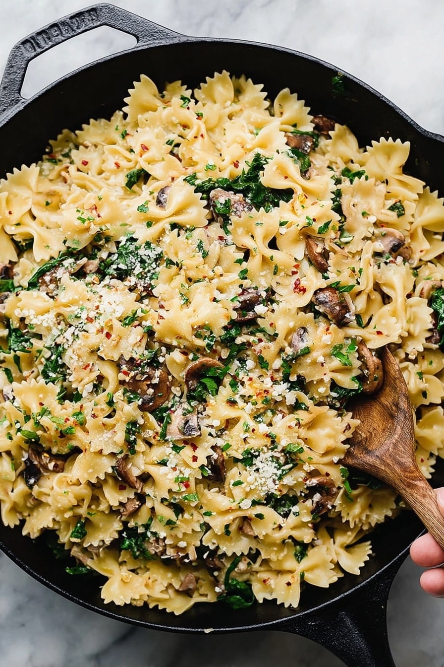 Creamy Vegan Sausage Pasta with Spinach, vegan pasta recipes, plant-based creamy pasta, vegan sausage dinner, easy vegan pasta dishes - A black cast iron pan filled with three layers of farfalle pasta, chopped brown mushrooms, and green leafy spinach mixed evenly throughout. The pasta is light yellow, the mushrooms are scattered in chunks adding a rough texture, and the spinach adds bright green pops of color. There is a light sprinkling of grated white cheese and red chili flakes on top, adding small specks of texture and color contrast. The pan sits on a white marbled surface with a woman's hand holding a wooden spoon inside the pan, slightly lifting the pasta to show its mixed layers photo taken with an iphone --ar 2:3 --v 7