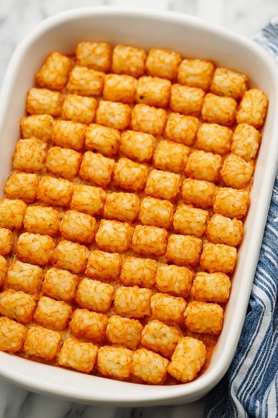 Vegan Tater Tot Casserole with Impossible Meat, Vegan Tater Tot Casserole, Vegan Comfort Food, Plant-Based Tater Tot Bake, Vegan Mushroom Tater Tot Dish - This image shows a white baking dish filled with a neat layer of golden brown tater tots arranged tightly in rows. The small, crispy tater tots cover the entire dish surface evenly, forming one thick layer. The dish rests on a white marbled texture, and a blue and white striped cloth is partly visible on the right side. The tater tots have a crunchy texture and look evenly cooked with a warm, golden-orange tint. photo taken with an iphone --ar 2:3 --v 7