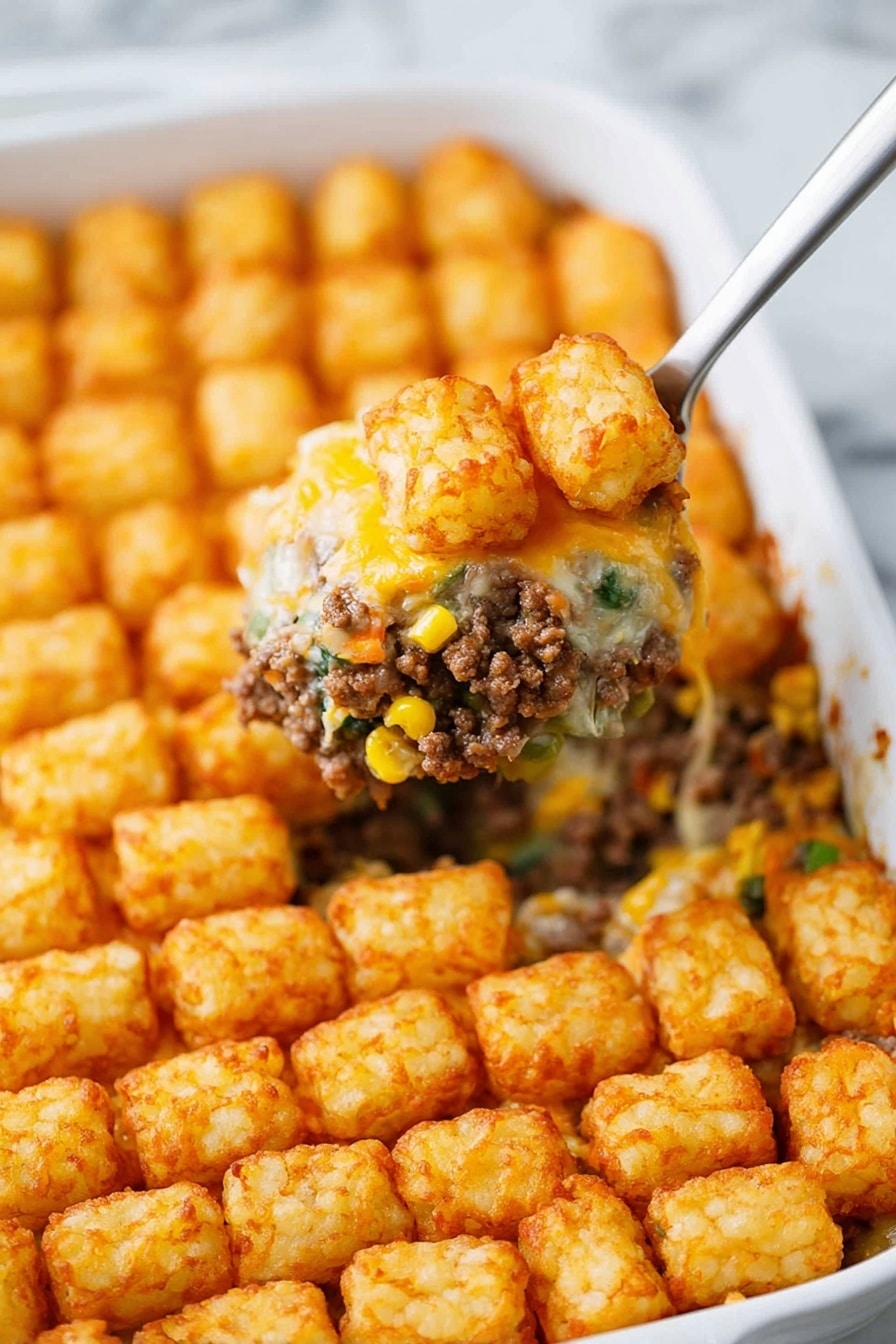 Vegan Tater Tot Casserole with Impossible Meat, Vegan Tater Tot Casserole, Vegan Comfort Food, Plant-Based Tater Tot Bake, Vegan Mushroom Tater Tot Dish - A close-up view of a white rectangular dish filled with a three-layer casserole. The bottom layer is a creamy mixture with bits of green vegetables and visible yellow corn kernels, showing a soft and slightly chunky texture. The middle layer appears to be cooked ground meat, brown and crumbly, mixed with the vegetable and corn base. The top layer is a thick, even layer of golden-brown tater tots, crispy and placed tightly together in neat rows. A silver spatula holding a scoop of the casserole is raised above the dish, showing all three layers clearly. The background is a white marbled texture. Photo taken with an iphone --ar 2:3 --v 7