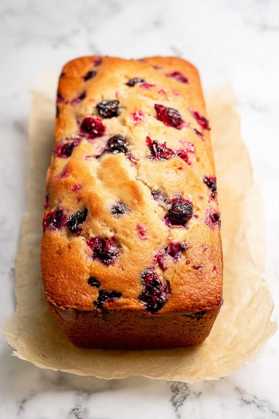 Cranberry Orange Bread, Cranberry Orange Bread with Orange Glaze, citrus cranberry loaf, holiday breakfast bread, easy citrus bread recipe - A rectangular loaf cake with a golden brown crust sits on a piece of parchment paper on a white marbled surface. The top of the cake has several cracks and is studded with visible whole and partially broken mixed red and dark purple berries, giving it a textured look. The cake appears moist inside where the berries have released some juices, adding deep red spots around them. Photo taken with an iphone --ar 2:3 --v 7