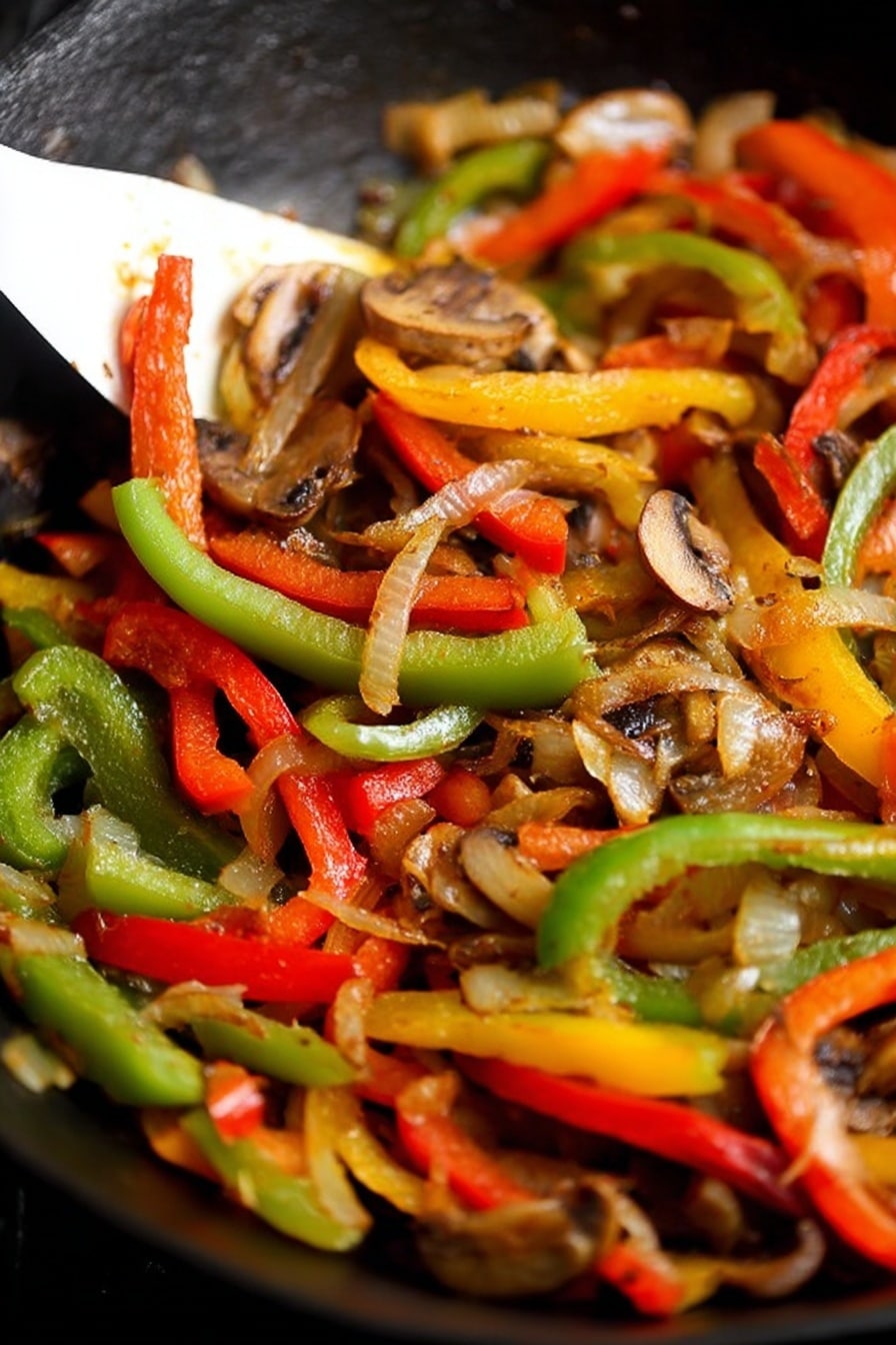 Vegetarian Fajitas, vegetarian fajitas recipe, healthy fajitas, easy veggie fajitas, colorful fajitas - The image shows a close-up of a black pan filled with a colorful mix of cooked vegetables, including long slices of red, green, and yellow bell peppers, as well as small pieces of browned mushrooms and translucent cooked onions. A white spatula is partially visible on the left side, lifting some of the vegetable mixture. The vegetables appear soft and well cooked, with varied textures from the tender onions and mushrooms to the slightly firm bell peppers. The background is out of focus but shows more of the dark surface of the pan. photo taken with an iphone --ar 2:3 --v 7