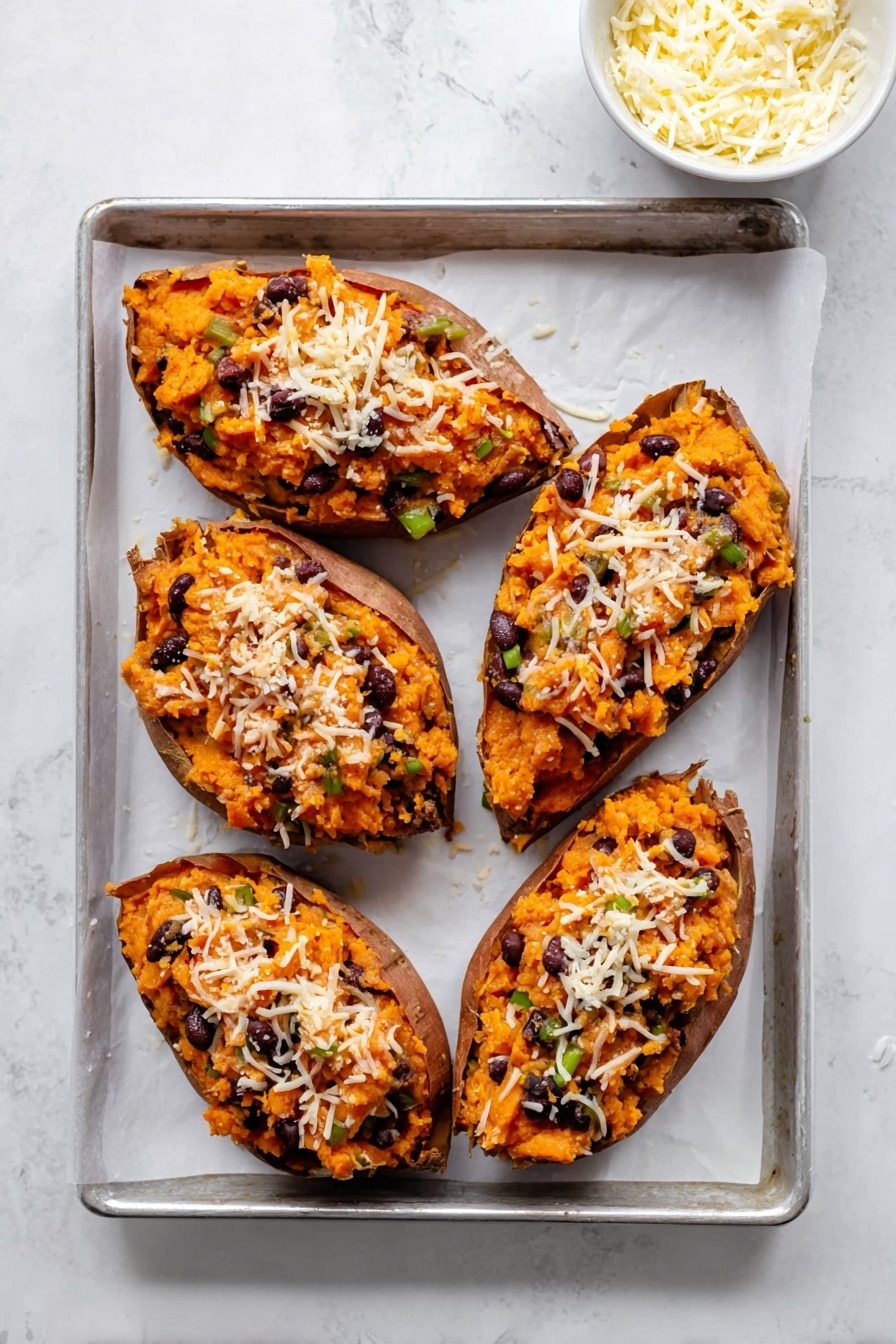 Loaded Sweet Potato Skins, sweet potato skins appetizer, vegan loaded sweet potato skins, healthy sweet potato snacks, spicy sweet potato skins - Five stuffed sweet potato halves sit arranged on white parchment paper over a white marbled surface. Each sweet potato is filled with bright orange mashed sweet potato mixed with black beans and topped with melted light-colored cheese and crispy brown coconut flakes. Fresh green chopped parsley is sprinkled over the potatoes, adding a lively touch. Around the potatoes, there are lime wedges and extra parsley. A small white bowl holds fresh green parsley leaves, while a small gray bowl contains creamy white sour cream garnished with parsley. A striped cloth napkin lies near the bottom right corner. Photo taken with an iphone --ar 2:3 --v 7