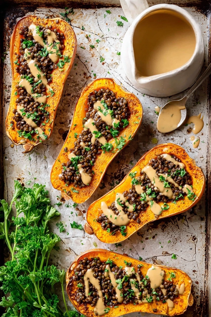 Creamy Lentil Stuffed Butternut Squash, hearty stuffed squash with lentils, roasted butternut squash recipes, vegan butternut squash dishes, healthy lentil recipes - Four halves of roasted butternut squash are arranged on a baking tray with a white marbled texture. Each half is filled with a dark brown mix of lentils and finely shredded mushrooms, topped with uneven drizzles of a beige creamy sauce and sprinkled green parsley leaves. To the right of the squash halves is a white jug partially filled with the same creamy sauce, with some sauce dripping over its edge. To the left side of the tray, a bunch of fresh green parsley lies next to the squash. The image captures the rustic texture of the food and tray, with vibrant colors and detailed layering. Photo taken with an iphone --ar 2:3 --v 7