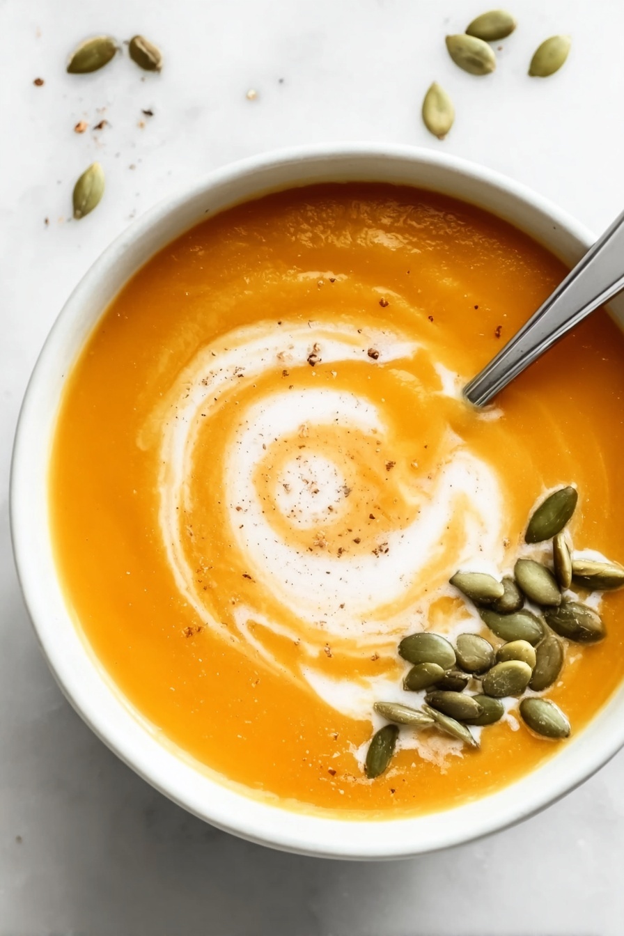 Vegan Butternut Squash Soup, vegan soup, creamy butternut squash soup, plant-based butternut squash recipe, healthy vegan pumpkin soup - A white bowl filled with smooth orange soup is placed on a white marbled surface. The soup has a swirl of white cream on top, creating a gentle spiral pattern starting near the center. There is a small pile of green pumpkin seeds arranged to one side of the swirl. A silver spoon rests inside the bowl, its handle leaning on the bowl's edge. The soup surface shows light seasoning specks, adding subtle texture. Photo taken with an iphone --ar 2:3 --v 7