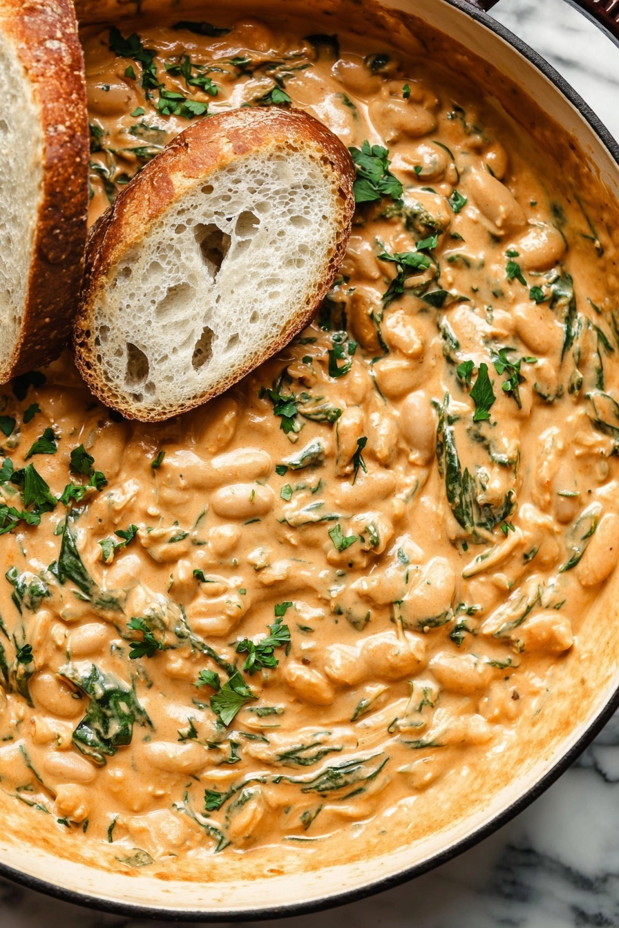 Creamy Sun Dried Tomato Butter Beans with Basil and Spinach, Sun Dried Tomato Butter Beans Vegan, Healthy Creamy Bean Recipes, Easy Vegetarian Bean Dishes, Nutritious Plant-Based Meals - A close-up image of a thick, creamy dip with a light orange color, filled with visible bits of chopped green herbs and small red pieces scattered throughout. Two slices of crusty white bread rest partially dipped on the surface of the mixture, showing a soft, airy texture inside the bread. The dip has a rich, smooth texture with swirls and folds, spread in a white bowl. The background features a white marbled surface. photo taken with an iphone --ar 2:3 --v 7