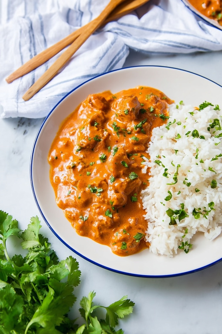 Vegan Butter Chicken, plant-based Indian curry, dairy-free butter chicken, vegan Indian recipes, tofu vegan curry - The image shows a white plate with a thin blue rim, placed on a white marbled surface. On the plate, there are two main layers: on the right side, fluffy, white rice garnished with small green herb pieces, and on the left side, a rich orange sauce with visible chunks of tender meat, also sprinkled with small green herb bits. The sauce looks creamy and smooth, covering the meat pieces fully. In the background, there is a white cloth with light blue stripes and two wooden utensils resting on it. A bunch of fresh green herbs is placed on the bottom left corner of the image. The lighting is bright and natural, highlighting the colors and textures clearly. photo taken with an iphone --ar 2:3 --v 7