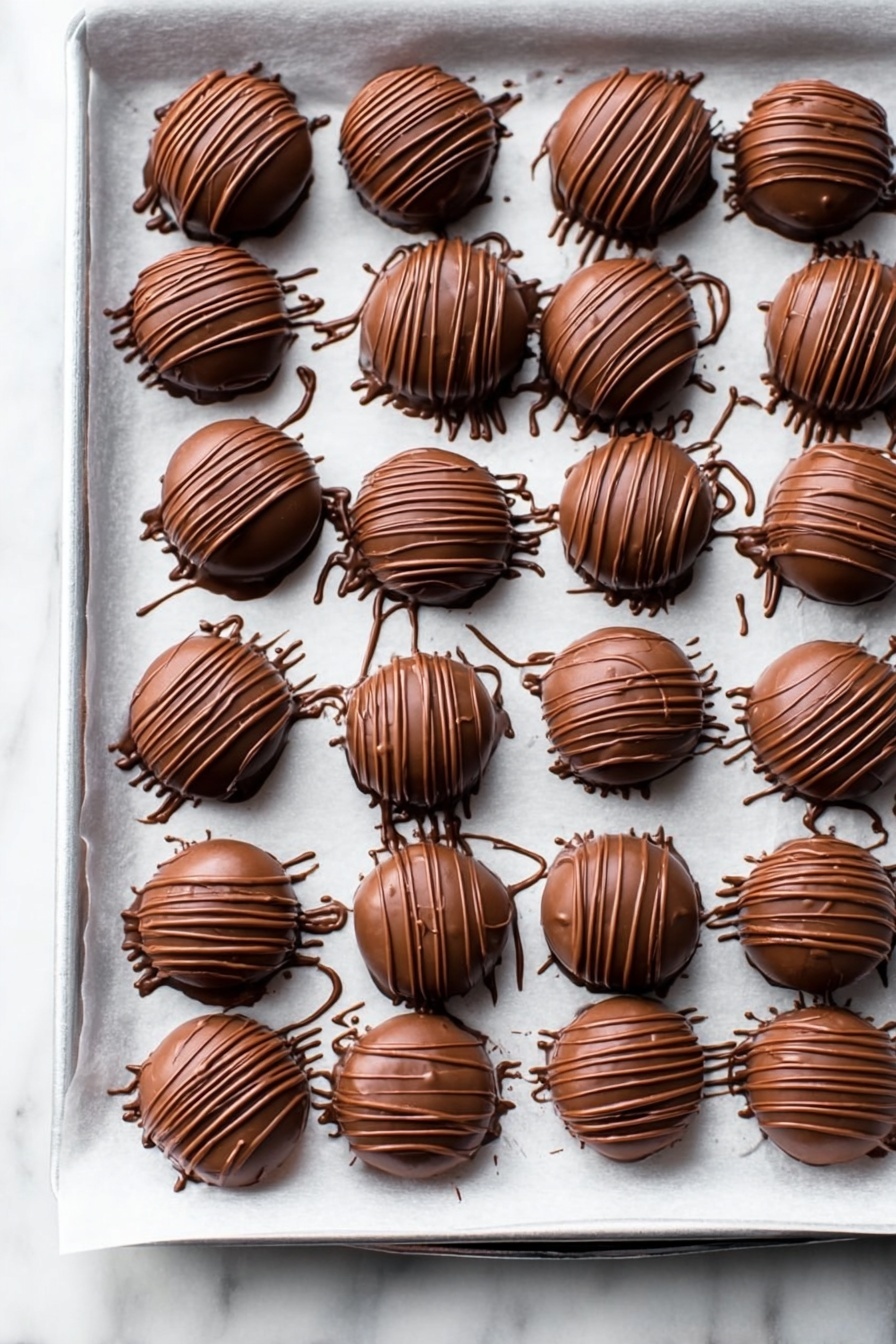 Vegan Chocolate Peanut Butter Balls, vegan chocolate treats, healthy vegan snacks, easy vegan desserts, no-bake vegan bites - The image shows round chocolate-covered treats placed on a white marbled surface. Each treat has two layers visible: a smooth, shiny milk chocolate outer shell with darker chocolate drizzle lines artistically spread over the top, and a glimpse of a crumbly light brown base peeking out slightly underneath. The texture of the chocolate shell is smooth and glossy, contrasting with the rougher crumbly base layer. The treats are arranged close together in a casual, slightly scattered manner. Photo taken with an iphone --ar 2:3 --v 7