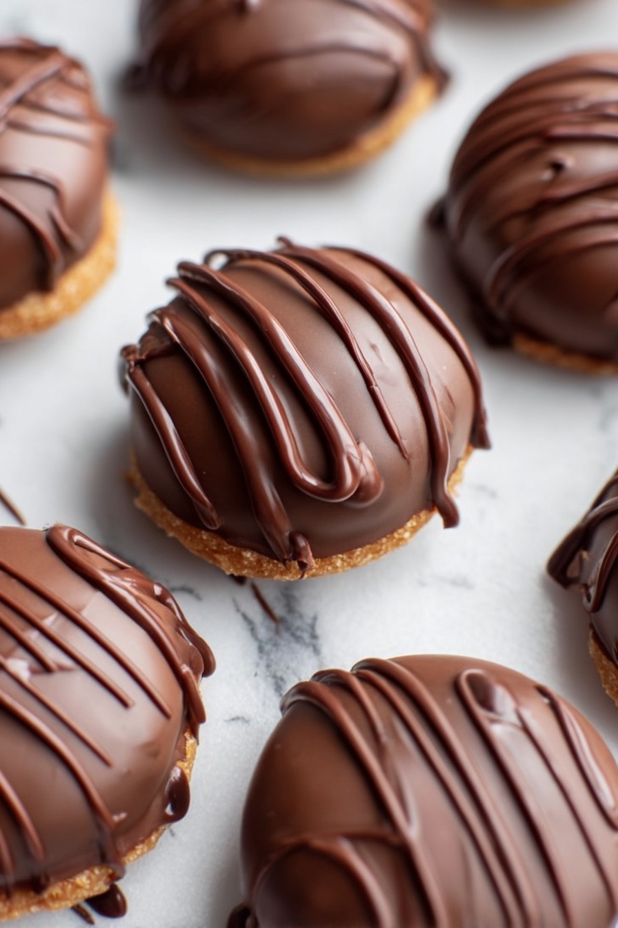 Vegan Chocolate Peanut Butter Balls, vegan chocolate treats, healthy vegan snacks, easy vegan desserts, no-bake vegan bites - The image shows a tray lined with white parchment paper holding multiple round chocolate treats. Each treat has a smooth, glossy dark brown chocolate coating with a light drizzle of thinner chocolate stripes on top, giving a textured look. The treats are arranged in neat rows, with some stray drizzles of chocolate on the paper between them. The tray is set on a white marbled surface, adding a clean and bright background. photo taken with an iphone --ar 2:3 --v 7