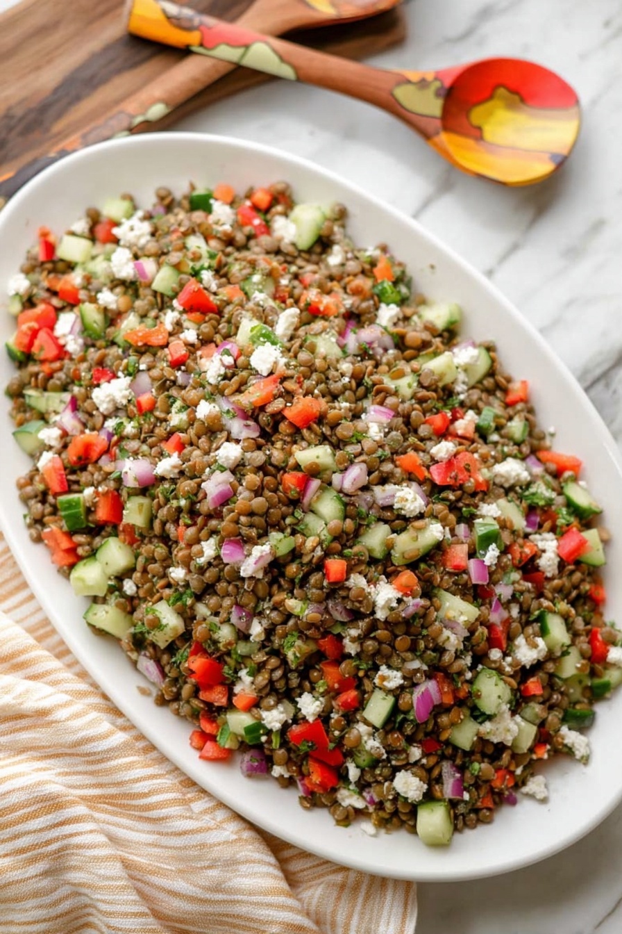 The Best Lentil Salad, healthy lentil salad, easy lentil salad, vegetarian lentil salad, fresh salad recipes - A white oval plate is filled with a lentil salad that has three main layers of textures and colors visible mixed evenly. The base layer consists of small lentils in a greenish-brown shade, creating a grainy texture. Scattered throughout are roughly chopped pieces of bright red bell peppers, pale green cucumbers, and small bits of red onions that add a fresh, crisp texture and colorful contrast. White crumbles of cheese are sprinkled on top, adding a soft texture and light touch of white against the vibrant salad. The plate is placed on a white marbled surface with a beige and white striped cloth nearby, and two wooden spoons with painted orange and yellow patterns rest in the background. Photo taken with an iphone --ar 2:3 --v 7