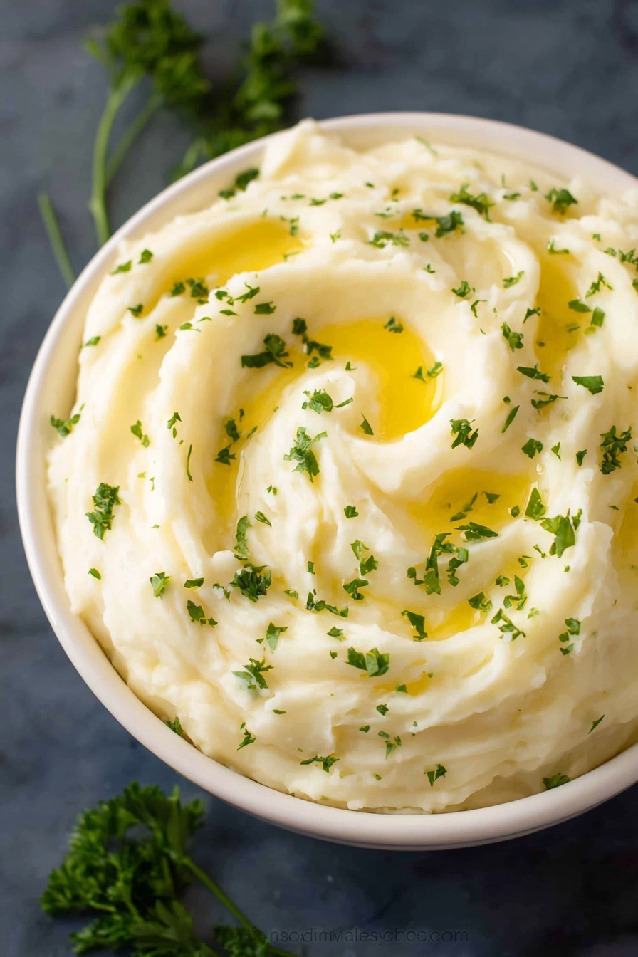 Best Mashed Potatoes, Creamy Mashed Potatoes, Fluffy Mashed Potatoes, Buttery Mashed Potatoes, Easy Mashed Potatoes - A white bowl filled with three thick layers of creamy mashed potatoes, swirled to form soft peaks and valleys. The mashed potatoes have a smooth, fluffy texture with a few small lumps visible. Pooled melted butter with a shiny golden yellow color settles in the center and drizzles down some ridges. Fresh finely chopped green parsley is scattered evenly across the surface of the mashed potatoes, adding a fresh contrast. The bowl sits on a white marbled surface, and some sprigs of green parsley lie blurred in the background. photo taken with an iphone --ar 2:3 --v 7