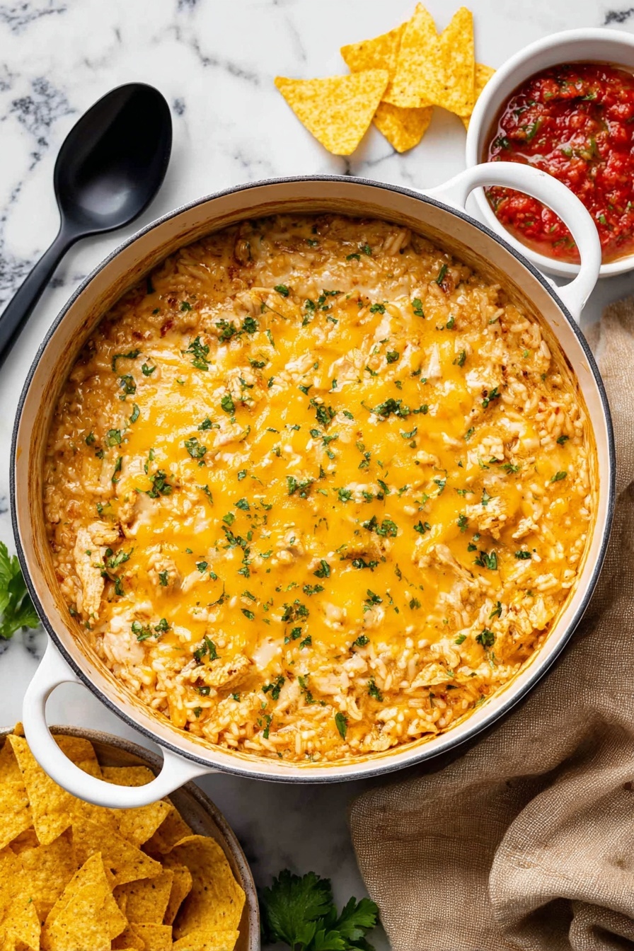 One Pot Queso Chicken and Rice, cheesy chicken and rice skillet, creamy chicken and rice dinner, easy cheesy chicken casserole, one pot cheesy chicken recipe - A white round pot filled with a creamy rice dish topped with melted yellow cheese and small green herb sprinkles. The rice appears orange with bits of light-colored meat and vegetables mixed in, creating a textured, hearty look. The pot has handles on both sides and is placed on a white marbled surface with a black spoon on the left and yellow tortilla chips nearby. To the right, there's a small white bowl with bright red salsa on a beige cloth. photo taken with an iphone --ar 2:3 --v 7