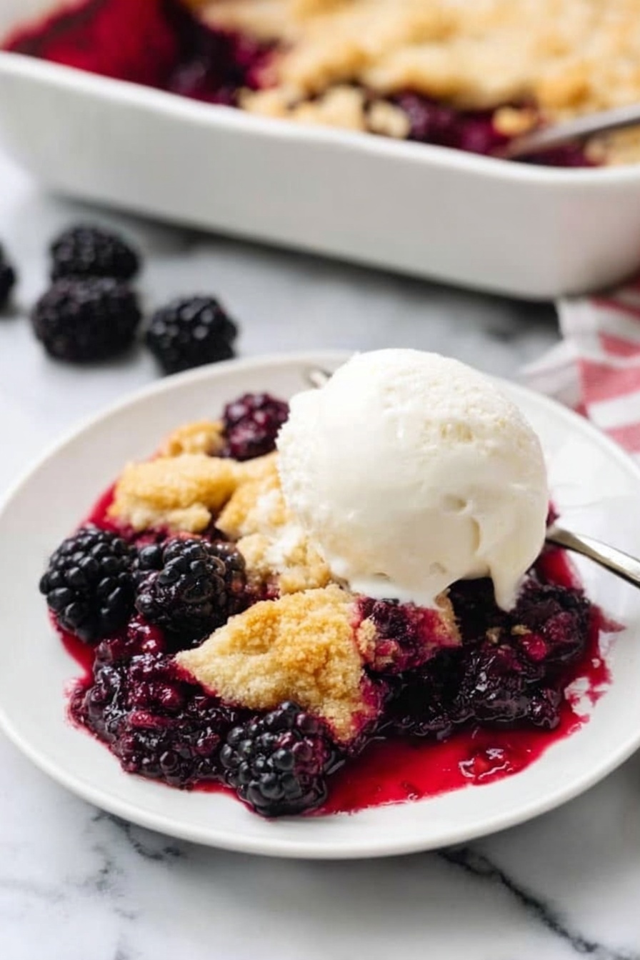 Old Fashioned Blackberry Cobbler, blackberry cobbler recipe, Southern blackberry dessert, berry cobbler with biscuit topping, easy blackberry cobbler - A white plate holds a serving of blackberry cobbler with three main layers visible: the bottom layer is dark purple blackberries with juice soaking the plate, the middle layer is golden brown, crumbly cobbler topping broken in pieces over the berries, and the top layer is a round scoop of creamy white ice cream sitting slightly to one side of the cobbler. Fresh blackberries are scattered around the plate on a white marbled surface. In the background, a white baking dish filled with more cobbler is slightly out of focus. Photo taken with an iphone --ar 2:3 --v 7