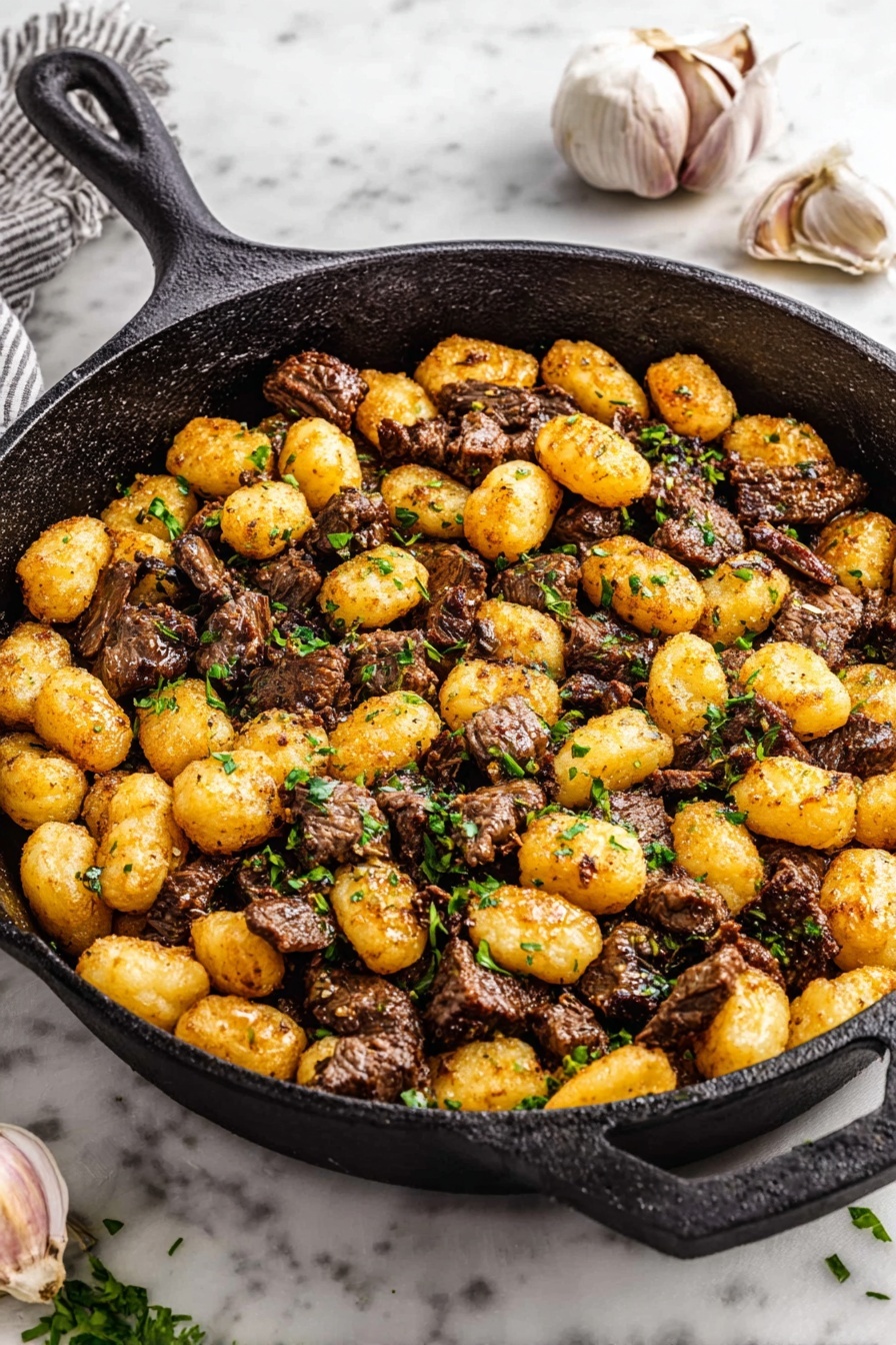 Steak Bites with Gnocchi in Garlic Parmesan Sauce, garlic parmesan steak and gnocchi, easy steak and gnocchi dinner, quick gourmet steak dish, flavorful steak bites recipe - A cast iron pan is filled with two main layers: the first layer is browned small gnocchi pieces that are golden with a slightly crisp texture, and the second layer is tender, dark brown bite-sized beef chunks mixed evenly with the gnocchi. Small green parsley pieces are scattered on top, adding a touch of freshness and color contrast. The pan is sitting on a white marbled surface, with a few garlic bulbs placed nearby. The image is bright and clear showing the food textures well. photo taken with an iphone --ar 2:3 --v 7