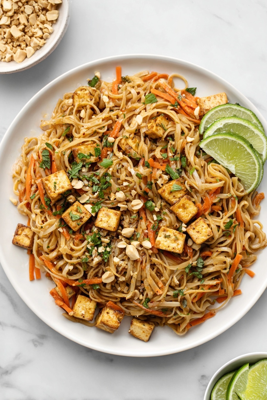 Vegan Pad Thai, Vegan Pad Thai noodles, Plant-based Pad Thai, Vegan Thai stir-fry, Vegan noodle recipes - A white plate filled with three main layers: the bottom layer is light brown cooked noodles, mixed with thin orange carrot strips spread evenly; the middle layer has golden brown tofu cubes placed throughout the noodles; the top layer contains scattered green chopped herbs and crushed peanuts. On the right edge of the plate, there are two lime wedges resting on the noodles. The plate sits on a white marbled surface, with a small white bowl of extra lime wedges visible at the bottom right corner. photo taken with an iphone --ar 2:3 --v 7
