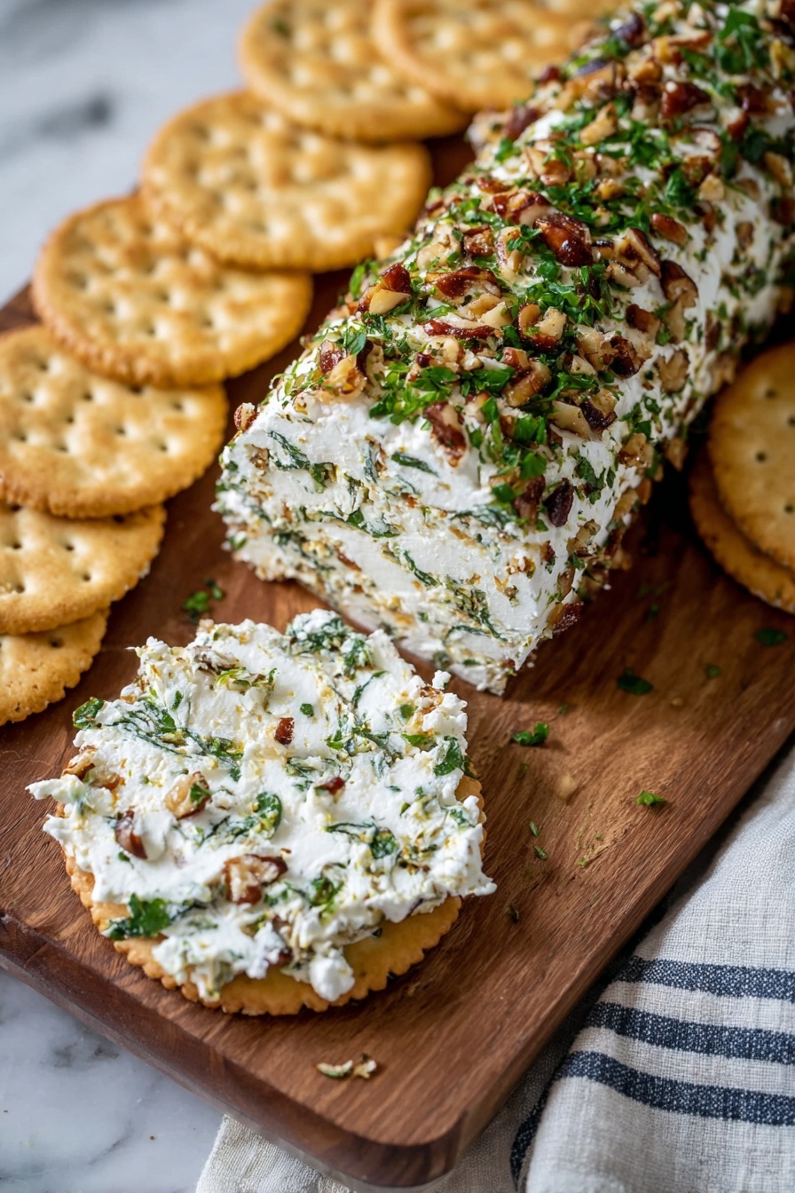 Garlic Herb Cheese Log, cheese appetizer, creamy cheese ball, herb cheese spread, pecan cheese log - A long roll of soft white cheese covered with chopped green herbs and brown nut pieces sits on a wooden board. Surrounding it on both sides are round, light tan crackers with small holes on top. One cracker in the front holds a thick layer of the cheese spread mixed with herbs and nuts, showing a textured white and green speckled surface. The wooden board rests on a white marbled surface with a striped cloth partially visible on the bottom right. Photo taken with an iphone --ar 2:3 --v 7