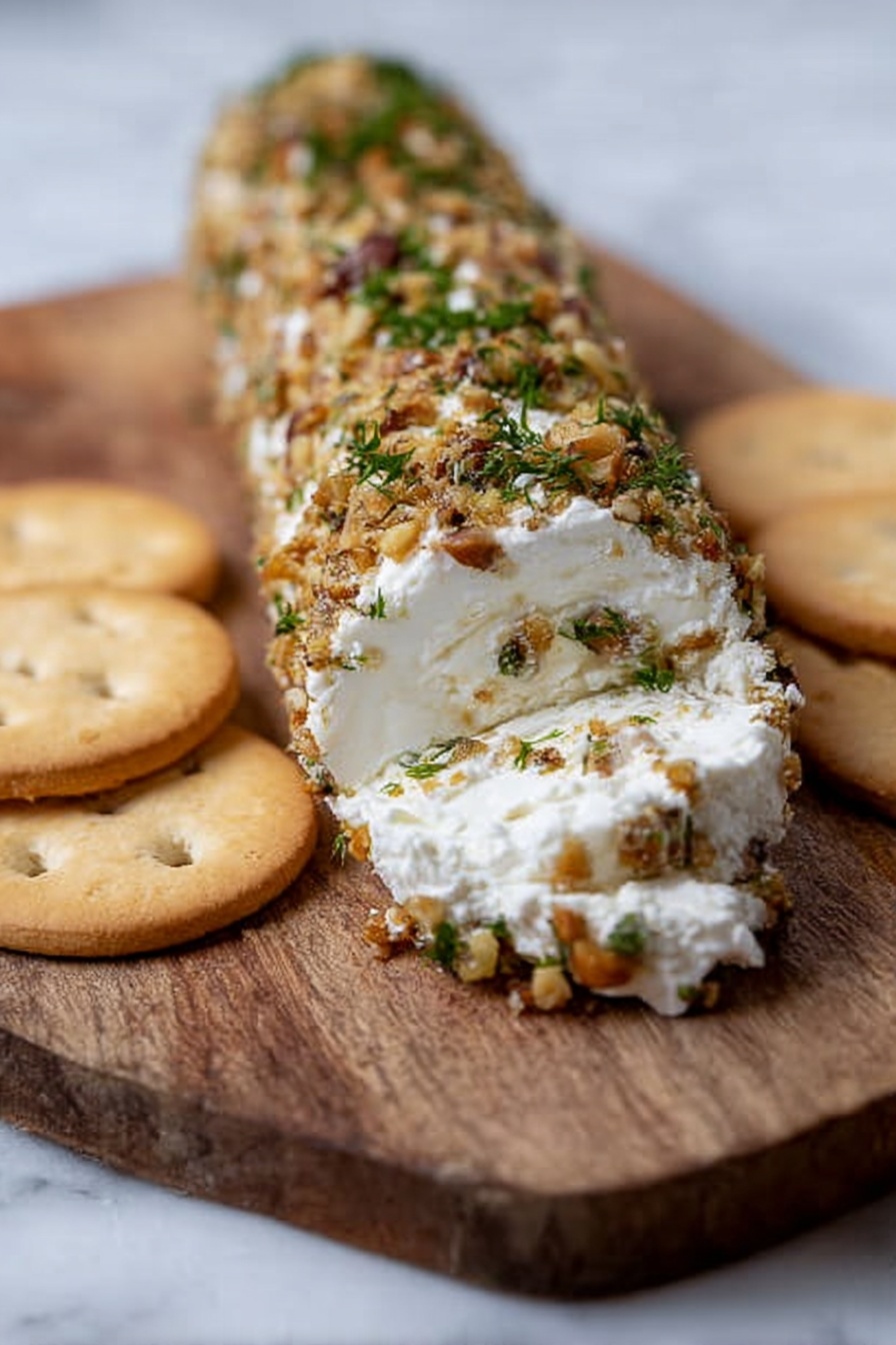 Garlic Herb Cheese Log, cheese appetizer, creamy cheese ball, herb cheese spread, pecan cheese log - A close-up of a long cheese log on a wooden board with the front end showing soft white cheese with a fluffy texture. The log is covered with chopped nuts and green herbs, giving it a rough and crunchy outside. On each side of the cheese log, there are two round, light brown crackers with a smooth surface and small holes. The wooden board is resting on a white marbled surface that softly blurs in the background. Photo taken with an iphone --ar 2:3 --v 7
