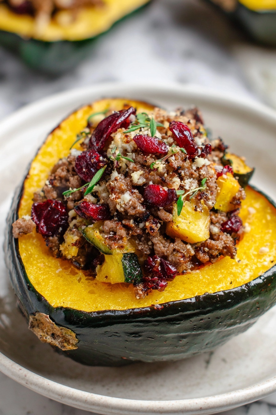 Stuffed Acorn Squash with Turkey Apples Cranberries Pecans, stuffed acorn squash dinner, fall squash recipes, hearty turkey stuffed squash, easy holiday squash dish - A halved acorn squash with deep green skin and bright yellow-orange soft flesh is placed on a white plate with a white marbled texture background. The squash is filled with a layered mixture: the bottom layer is the cooked squash flesh, topped with a crumbly mix of browned ground meat, small chunks of yellow vegetables, and bits of red dried cranberries. This is finished with a sprinkling of light toasted breadcrumbs and small green herb leaves scattered across the top. Photo taken with an iphone --ar 2:3 --v 7