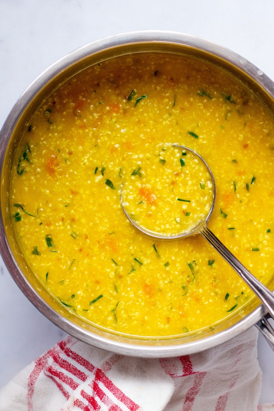 Italian Pastina Soup, Italian Pastina Soup Recipe, comfort soups, easy Italian soup, quick pasta soup - The image shows a silver pot filled with a thick, yellow soup that has a grainy texture and small green herbs scattered throughout. The soup looks warm and creamy with visible small bits of vegetables or grains. A silver ladle rests inside the pot, partially submerged in the soup and lifting some of it up. The pot is placed on a white marbled surface, and to the side, there is a white cloth with a red checkered pattern. The colors are warm and vibrant, with a clean and simple presentation. photo taken with an iphone --ar 2:3 --v 7