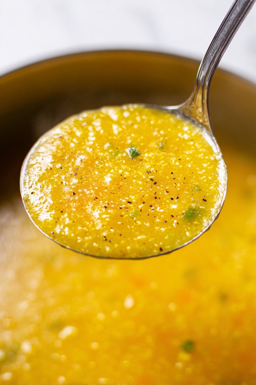 Italian Pastina Soup, Italian Pastina Soup Recipe, comfort soups, easy Italian soup, quick pasta soup - A close-up view of a shiny silver ladle holding a thick, yellow-orange soup with small bits of green herbs and a slightly grainy texture, shimmering with a light oily layer on top and tiny specks of black pepper sprinkled evenly. The ladle is held above a large pot filled with the same soup, which has a smooth but slightly chunky consistency with steam rising gently. The background is a white marbled texture. photo taken with an iphone --ar 2:3 --v 7