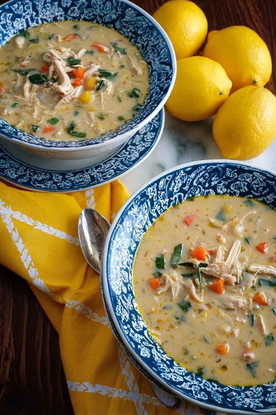 Lemon Chicken & Spaetzle Soup, Lemon Chicken Soup with Spaetzle, Bright Lemon Chicken Noodle Soup, Comforting Chicken Spaetzle Recipe, Fresh Lemon Chicken Broth Soup - Two white bowls with blue patterns hold thick creamy soup with visible chunks of shredded light beige chicken, small orange carrot pieces, green herbs, and bits of other vegetables, all mixed into a beige broth. The bowls are placed on a bright yellow cloth with white cross patterns, lying on a dark wooden surface next to three shiny yellow lemons. A silver spoon rests on the yellow cloth near the top right bowl. The background is a white marbled texture. photo taken with an iphone --ar 2:3 --v 7