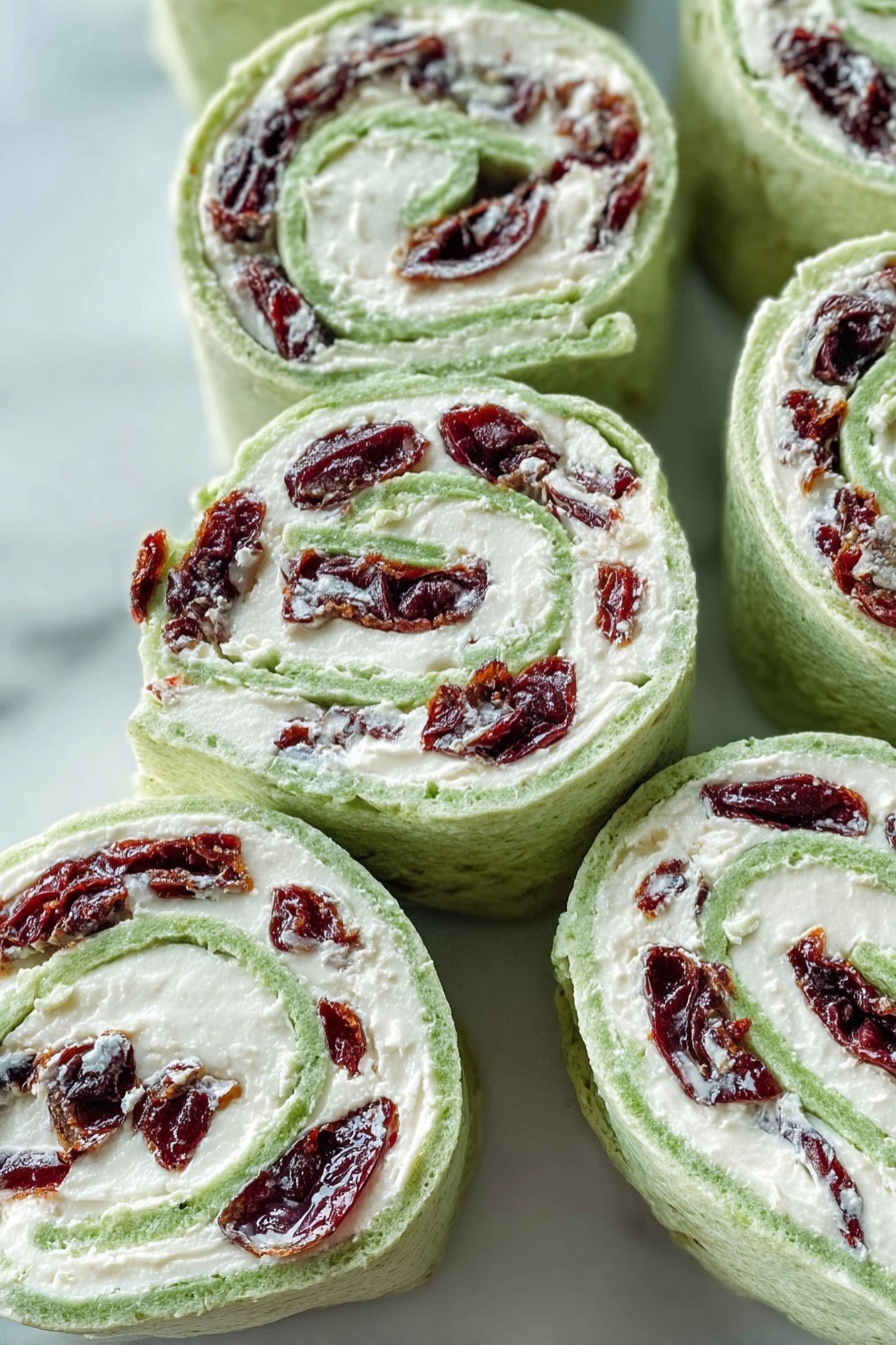 Cranberry Feta Pinwheels with Cream Cheese, holiday appetizer recipes, easy party appetizers, no-bake appetizer ideas, festive cheese and fruit snacks - The image shows several spiral pinwheel wraps arranged closely on a white marbled surface. Each wrap has three visible layers: the outer layer is a light green soft flatbread, the middle layer is a thick white creamy filling, and the innermost layer consists of dark red dried fruit pieces evenly spread throughout. The wraps are sliced to show the spiral pattern clearly, with the green flatbread curling around the white filling and red fruit in a tight spiral. The texture of the flatbread looks soft and slightly porous, while the filling is smooth and creamy. Photo taken with an iphone --ar 2:3 --v 7