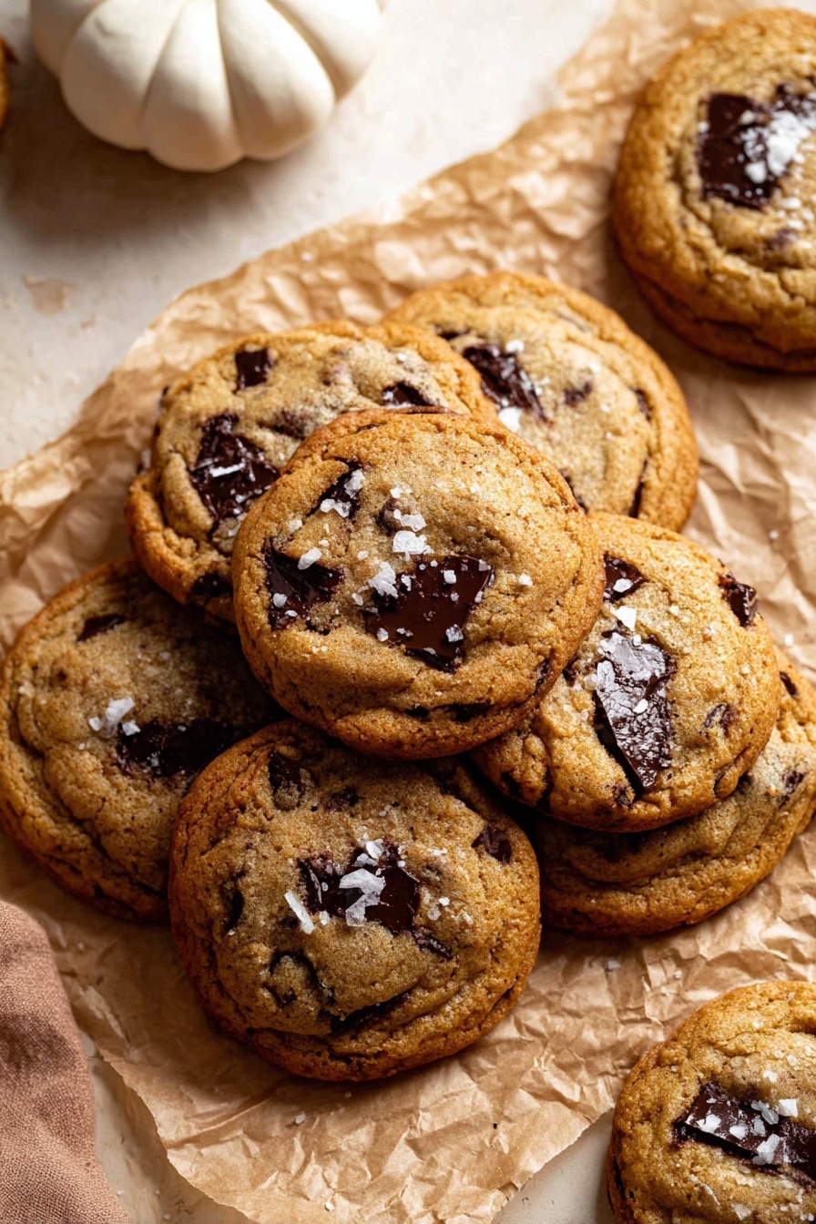 Chewy Pumpkin Chocolate Chip Cookies, pumpkin cookies with chocolate chips, fall pumpkin cookies, easy pumpkin cookie recipe, best chewy pumpkin cookies - A stack of light brown chocolate chip cookies with dark melted chocolate chunks and a few flakes of sea salt on top, arranged on crinkled brown parchment paper on a white marbled surface. The cookies have a soft texture with slightly cracked tops and are packed closely together, with some overlapping edges. In the upper left corner, there is a small white decorative pumpkin adding a cozy touch. Photo taken with an iphone --ar 2:3 --v 7