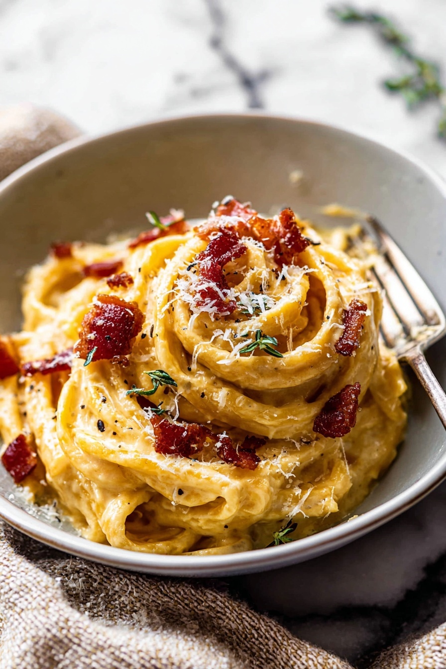 Creamy Roasted Garlic Butternut Squash Pasta, healthy vegetarian pasta, fall dinner recipes, easy seasonal pasta ideas, comforting squash pasta dish - A close-up of thick pasta twirled into three swirled layers in a white bowl, covered with creamy, light yellow sauce with a smooth texture; scattered on top are small pieces of crispy deep red bacon and thin green herbs, sprinkled lightly with fine white cheese. A silver fork rests at the bowl's edge, and the background is a white marbled surface with a soft textured cloth nearby. photo taken with an iphone --ar 2:3 --v 7