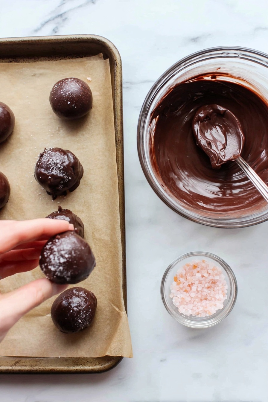 Cocoa Date Truffles, healthy chocolate truffles, natural sweetened treats, vegan dessert ideas, easy chocolate truffles - The image shows a baking tray lined with light brown parchment paper holding four round chocolate balls placed unevenly, each with a glossy dark brown chocolate coating that looks smooth and slightly shiny, with one having a rough texture and some chocolate smudging around it. Next to the tray on a white marbled surface, there is a clear glass bowl filled with thick, dark brown melted chocolate with a large spoon resting inside it, the chocolate appearing creamy and rich. Below the bowl, there is a small clear container filled with light pink coarse salt, and a woman's hand is seen pinching some salt over the chocolate balls. Photo taken with an iphone --ar 2:3 --v 7