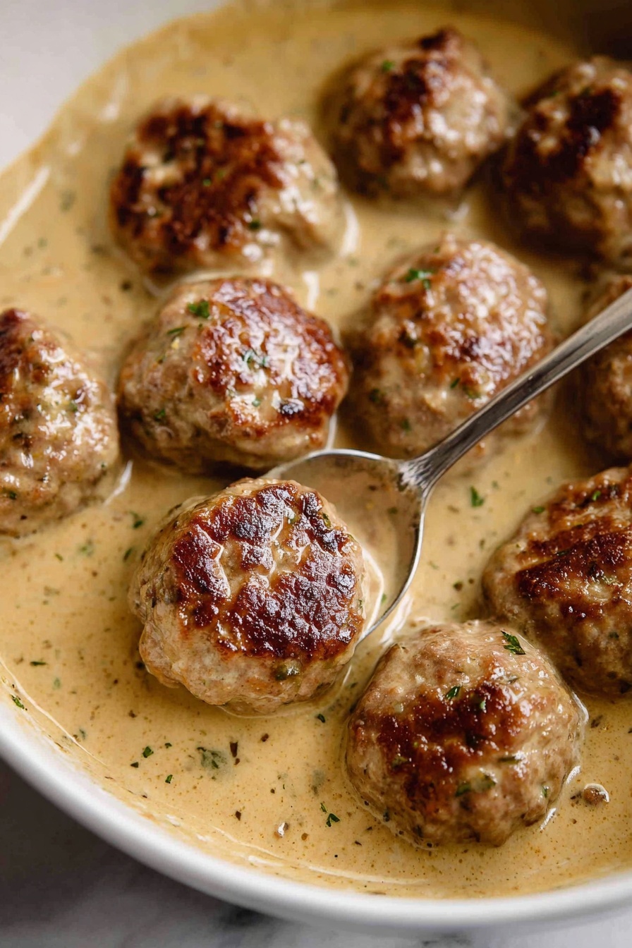 Lemon Sauce Meatballs, Lemon Sauce Meatballs Recipe, Easy Lemon Meatballs, Juicy Meatball Recipes, Tangy Lemon Meatballs - The image shows a close-up of several browned meatballs in a light tan creamy sauce inside a white bowl, with the meatballs having a textured, slightly crispy and browned surface. The sauce around them is smooth, speckled with small herbs and spices, filling the gaps between the meatballs. There is a silver spoon placed among the meatballs, partially submerged in the sauce. The scene is set on a white marbled surface. photo taken with an iphone --ar 2:3 --v 7