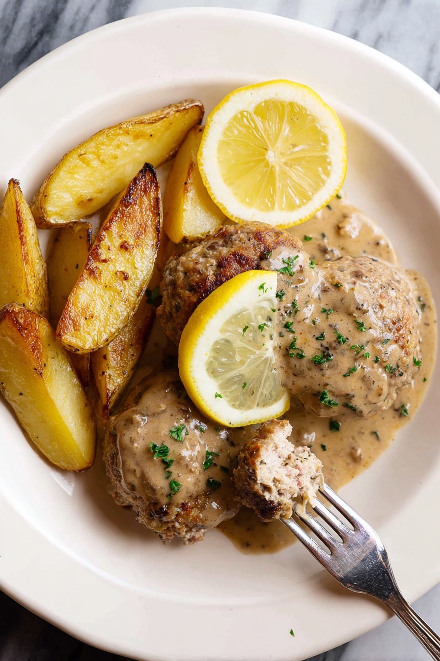 Lemon Sauce Meatballs, Lemon Sauce Meatballs Recipe, Easy Lemon Meatballs, Juicy Meatball Recipes, Tangy Lemon Meatballs - A white plate with three round meat patties covered in light brown sauce with herbs sprinkled on top, positioned on the right side with a lemon wedge resting on the top patty; next to them on the left side are golden roasted potato wedges with some herbs on them; a fork is pulling a piece from the front patty, showing the soft inside of the meat, all set against a white marbled surface. photo taken with an iphone --ar 2:3 --v 7