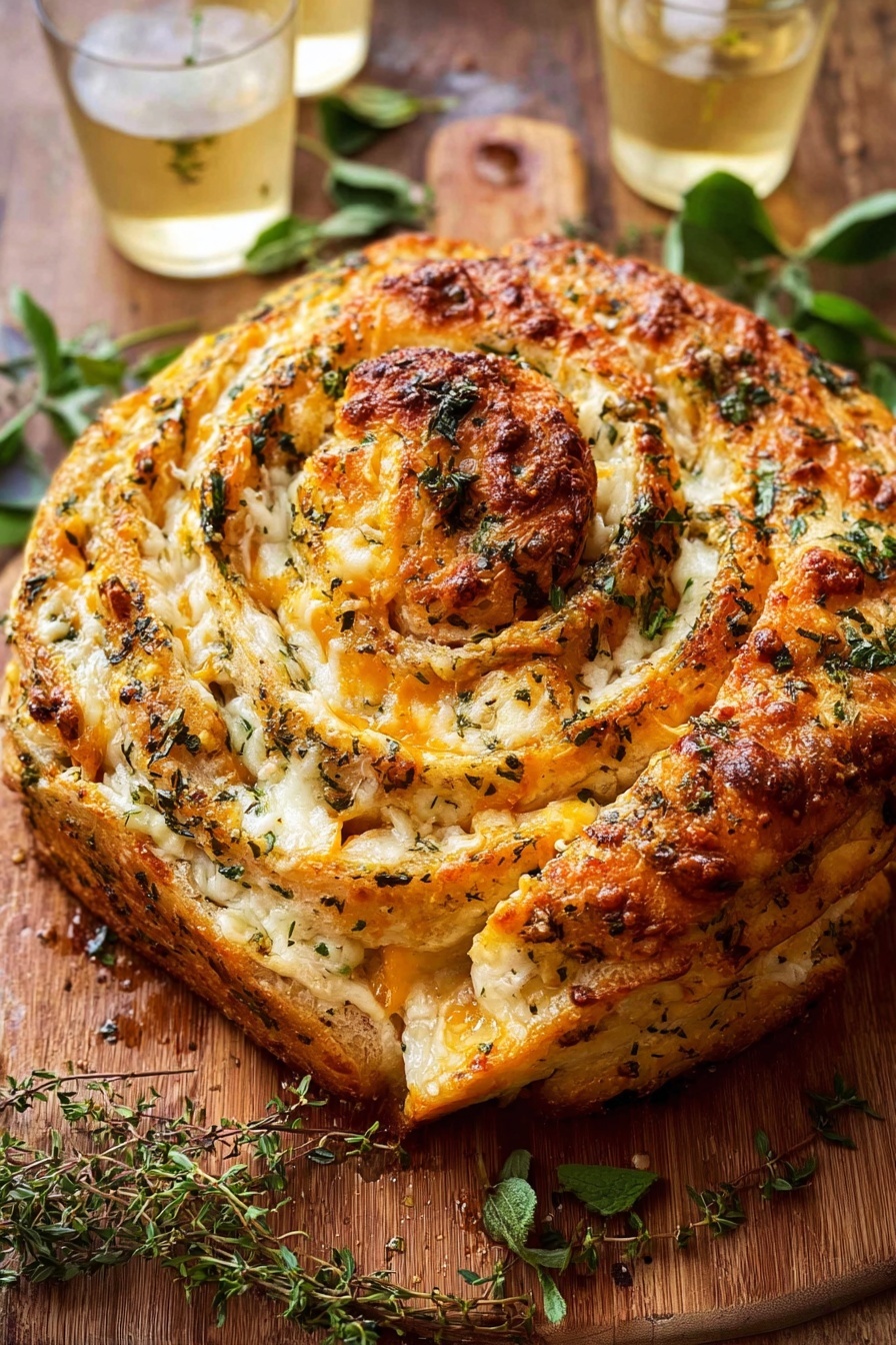 Garlic Herb Cheddar Cheese Bread, cheesy garlic bread, homemade cheesy bread, herb cheese bread, easy garlic bread recipe - A round, spiral-shaped bread with multiple layers, each layer showing a mix of melted yellow and white cheese with visible herbs sprinkled on top. The bread crust is golden brown with some areas darker and crisp. Fresh green herb sprigs are scattered on the bread’s surface, adding color contrast. The bread sits on a wooden surface with glasses filled with a light drink around it, and some green leaves near the top and bottom edges. photo taken with an iphone --ar 2:3 --v 7