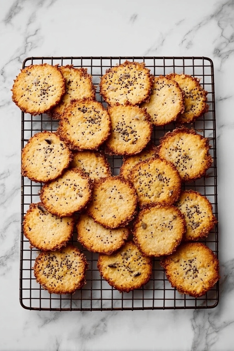 Cottage Cheese Chips, healthy cottage cheese snack, protein-packed chips, crispy cottage cheese snacks, easy healthy snack recipes - A black metal cooling rack sits on a white marbled surface, holding 20 thin, round cookies with uneven edges. Each cookie is golden brown with darker, crispy edges, and has small black seeds sprinkled on top, mostly in the center. The cookies vary slightly in size and shape, creating a natural, homemade look. The lighting is bright and soft, showing the texture of the cookies clearly. photo taken with an iphone --ar 2:3 --v 7