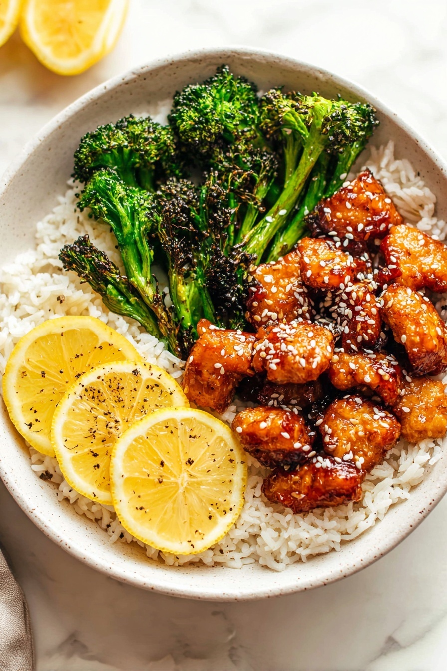 Sticky Honey Lemon Chicken, honey lemon chicken, crispy chicken with honey lemon glaze, quick asian chicken recipes, flavorful chicken dishes - A white bowl sits on a white marbled surface, filled with a base layer of fluffy white rice topped with golden-brown pieces of glazed chicken sprinkled with white sesame seeds in the center. To one side, there are bright green broccoli florets, lightly charred and fresh in texture. On the opposite side of the broccoli, three thin slices of yellow lemon rest on the rice, lightly seasoned with black pepper. The whole dish looks vibrant and well balanced. Photo taken with an iphone --ar 2:3 --v 7