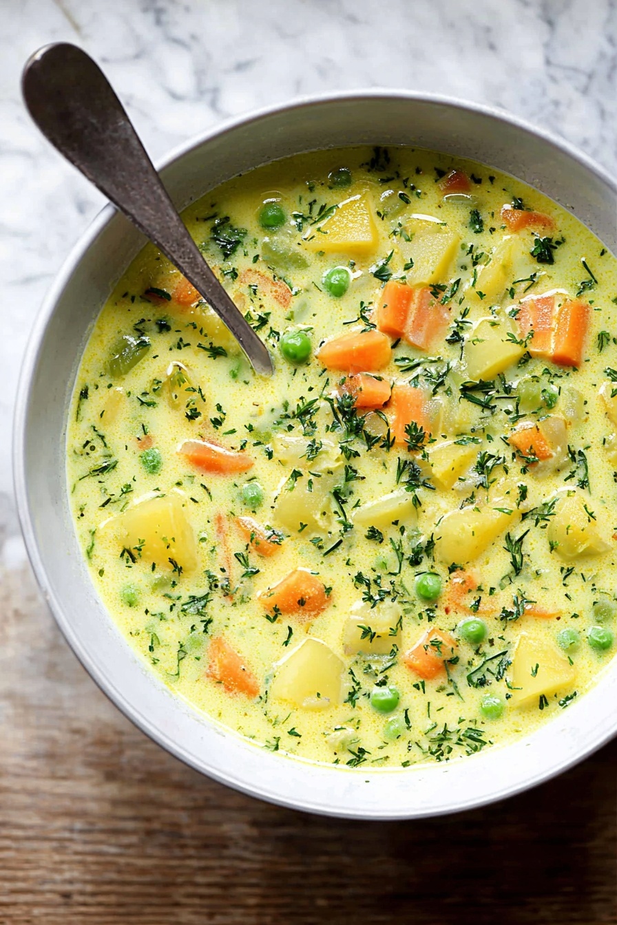 Polish Dill Soup with Vegetables, Polish Dill Soup, vegetarian Polish soup, healthy dill soup recipe, comforting vegetable soup - A white bowl filled with creamy yellow-green soup that has visible small chopped layers of orange carrots, light yellow potatoes, and green peas mixed throughout. The soup has specks of fresh green herbs sprinkled evenly on top. A silver spoon rests inside the bowl with its handle pointing up and leaning slightly to the right. The bowl sits on a white marbled textured surface. photo taken with an iphone --ar 2:3 --v 7