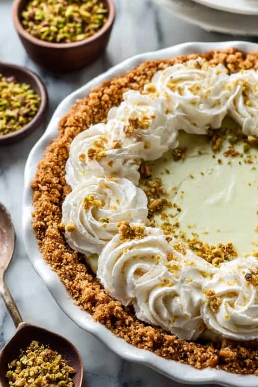 Pistachio Custard Pie Dessert, pistachio pie recipe, easy pistachio custard pie, nutty custard pie, elegant pie dessert - A white pie dish holds a pie with a golden brown crust, fluted edges, and a filling covered with finely crushed pistachios giving a sandy green texture. On top, there are eleven swirls of white whipped cream evenly spaced around the edge, each sprinkled with more crushed pistachios. Next to the pie is a small white bowl filled with a mix of whole pistachios, placed on a wooden board alongside a gold spatula with a wooden handle. A green cloth is casually spread on the white marbled surface in the background. Photo taken with an iphone --ar 2:3 --v 7