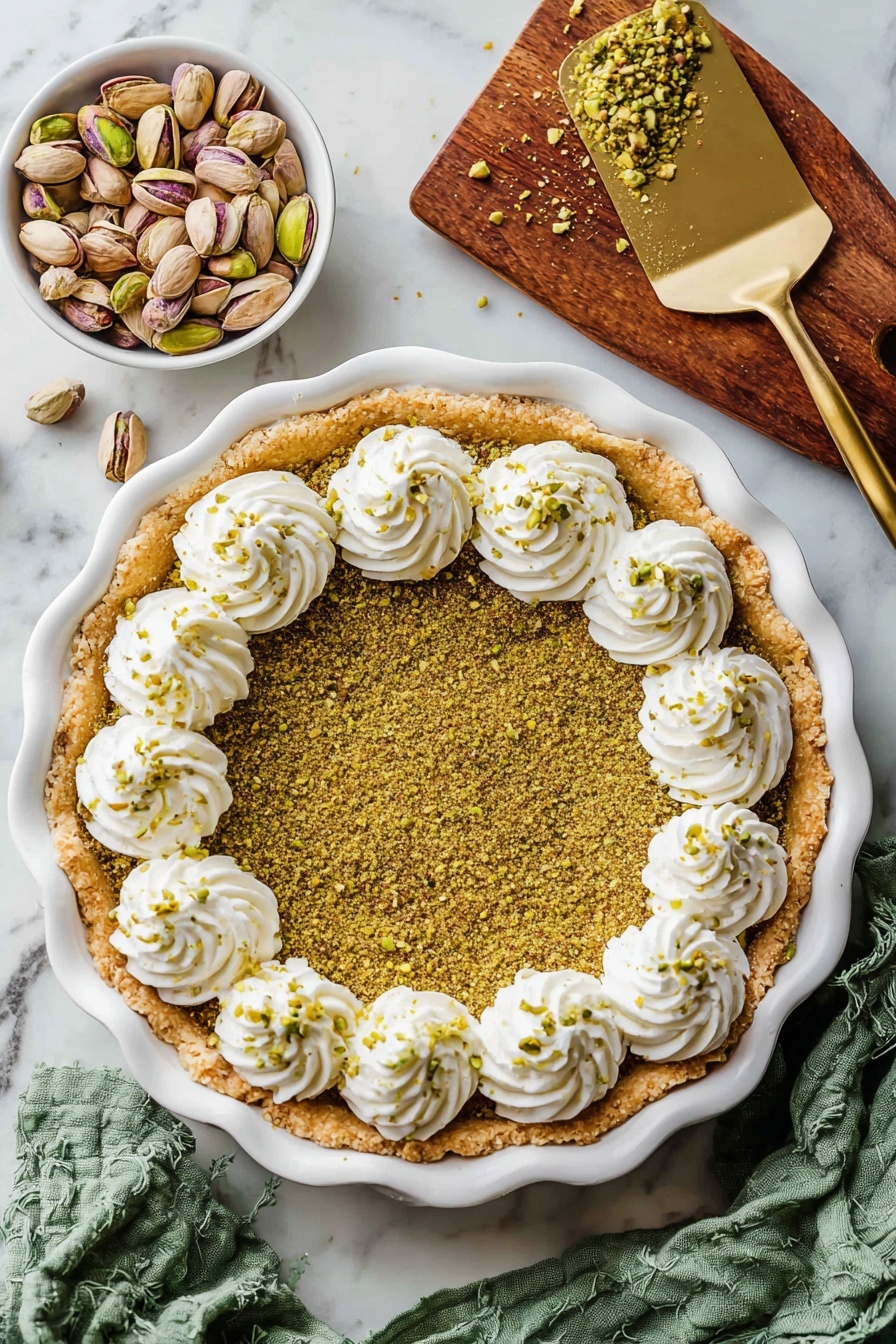 Pistachio Custard Pie Dessert, pistachio pie recipe, easy pistachio custard pie, nutty custard pie, elegant pie dessert - A close-up view of a pie in a white dish with a thick, golden-brown, crumbly crust around the edge. The pie filling is light green and smooth, topped with a thick ring of white whipped cream swirled in large loops and sprinkled with crushed green nuts. The dish is on a white marbled surface with a small dark brown bowl filled with crushed green nuts nearby. Photo taken with an iphone --ar 2:3 --v 7