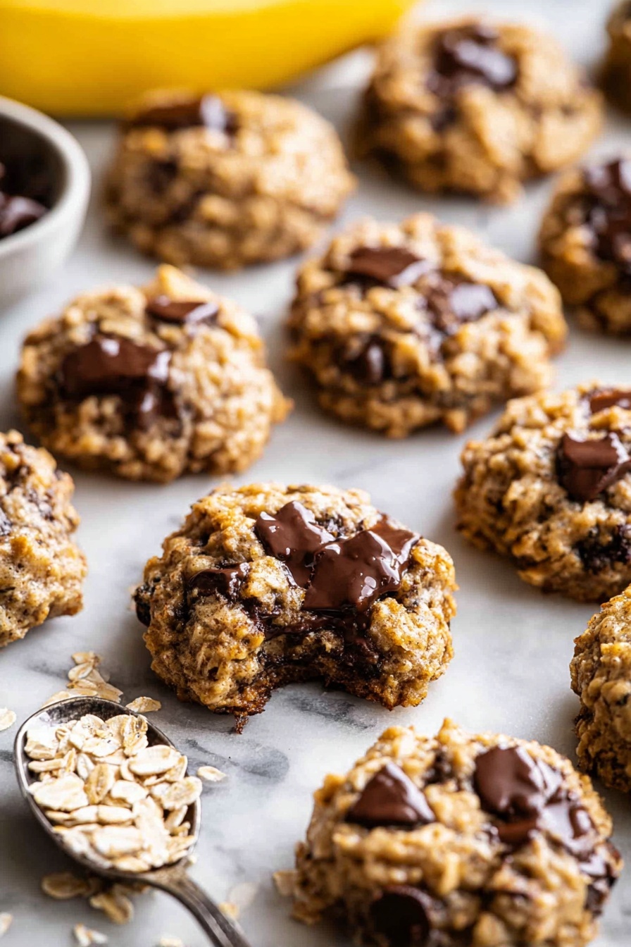 Banana Oatmeal Cookies, healthy banana cookies, easy oatmeal cookies, wholesome snack recipes, naturally sweetened cookies - The image shows a group of round, chunky oatmeal cookies with chocolate chips, arranged in loose rows on a white marbled surface. Each cookie has a rough texture with visible oats and melted dark brown chocolate pieces spread throughout. One cookie in the center is open, showing gooey melted chocolate inside, contrasting with the light brown and tan color of the oats. In the background, a yellow banana is slightly out of focus, and in the front left corner, a metal spoon holds some loose oats. The cookies have a dense, hearty look with slightly uneven shapes. photo taken with an iphone --ar 2:3 --v 7
